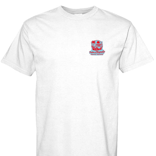 White Comfort Colors T-shirt with red and blue Palm & Magnolia Cruisers logo on chest.