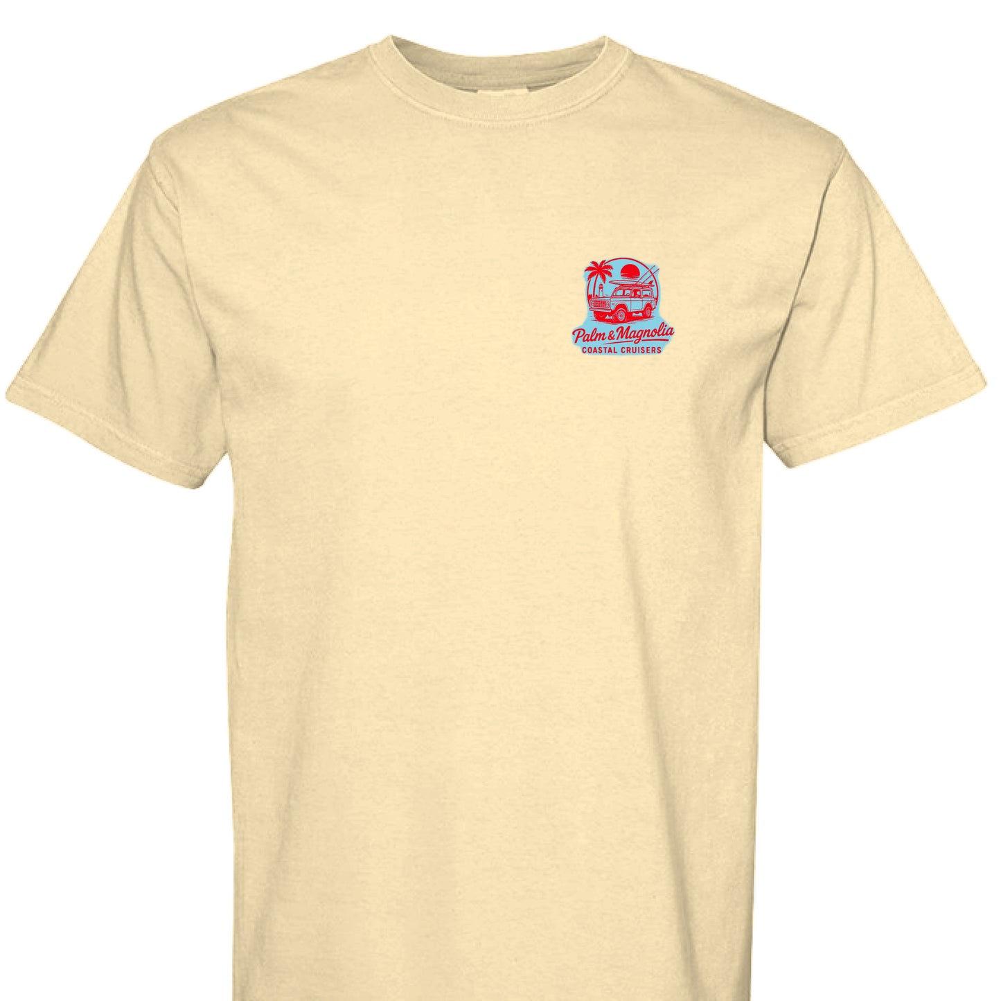 Beige Comfort Colors T-shirt with red and blue palm and magnolia cruisers emblem.