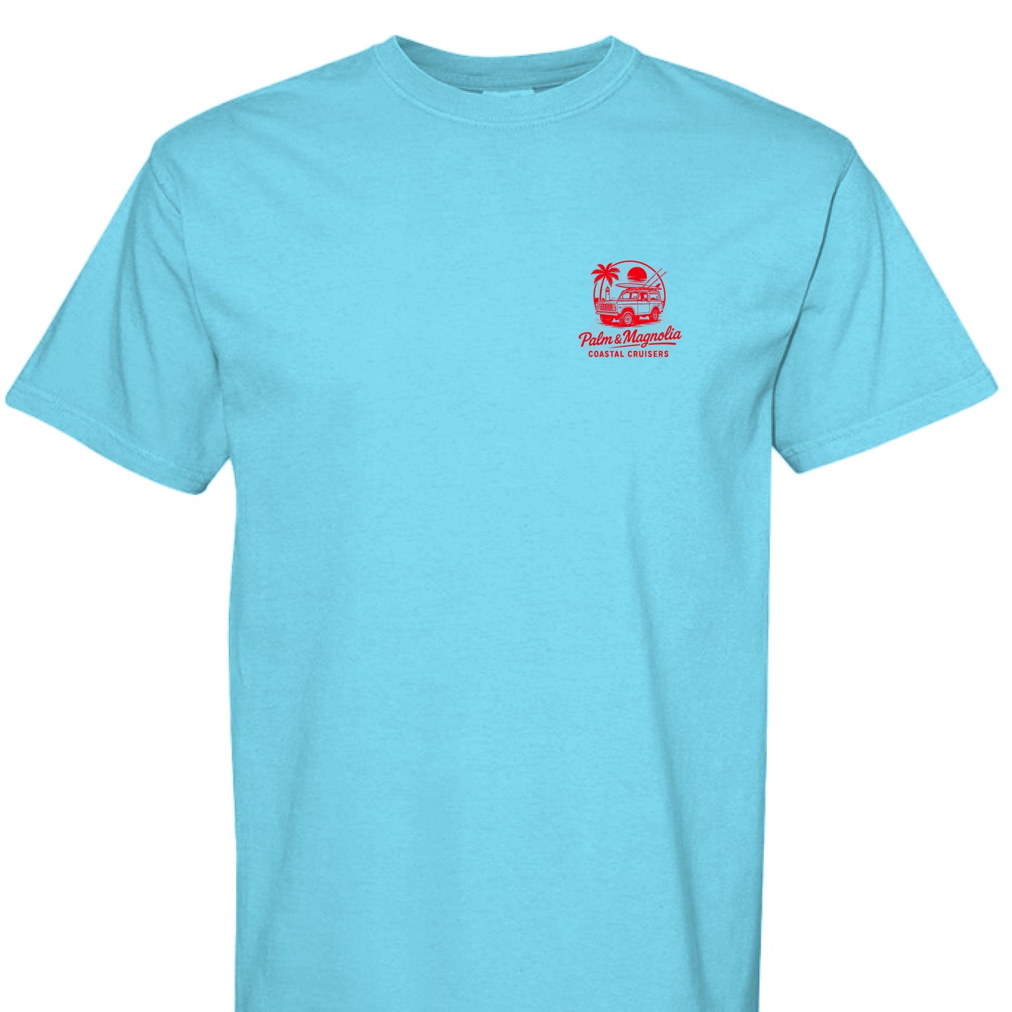 Light blue Comfort Colors T-shirt with red vintage car and palm tree logo on chest.