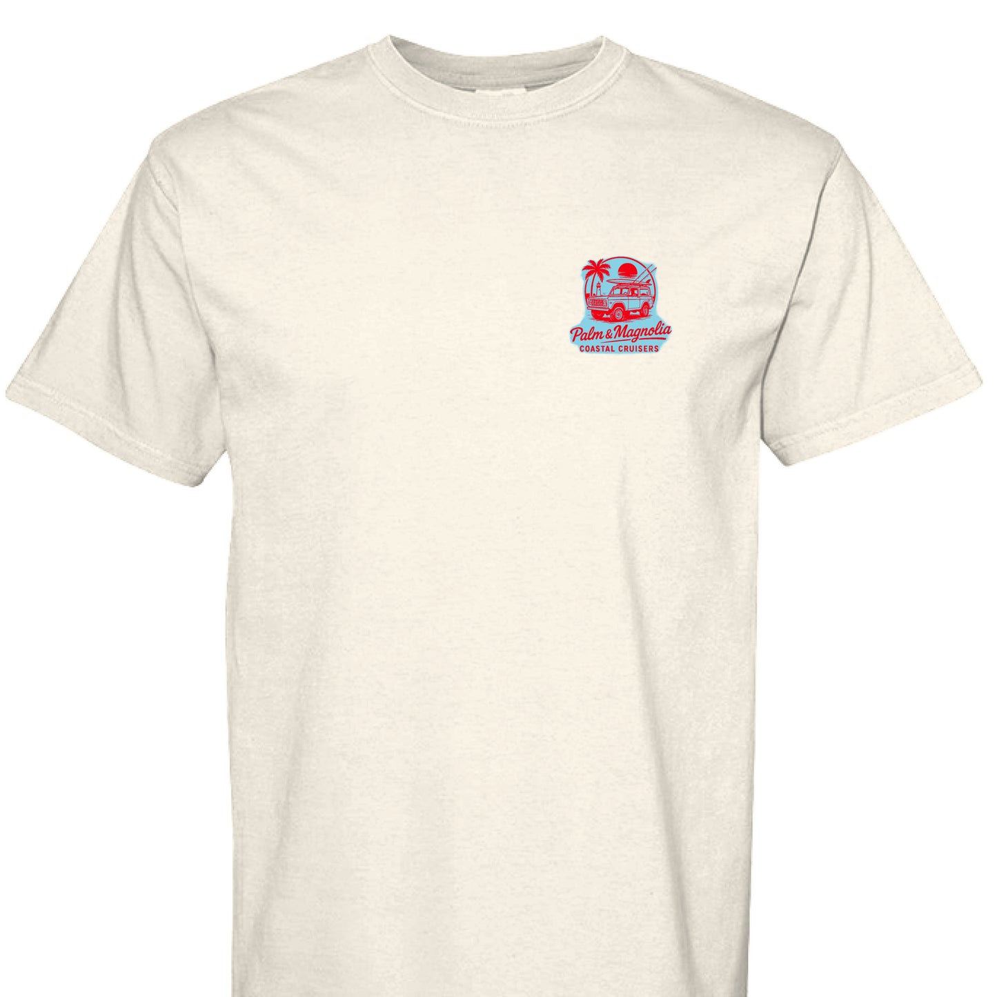 Cream Comfort Colors T-shirt with red and blue Palm & Magnolia Cruisers logo.