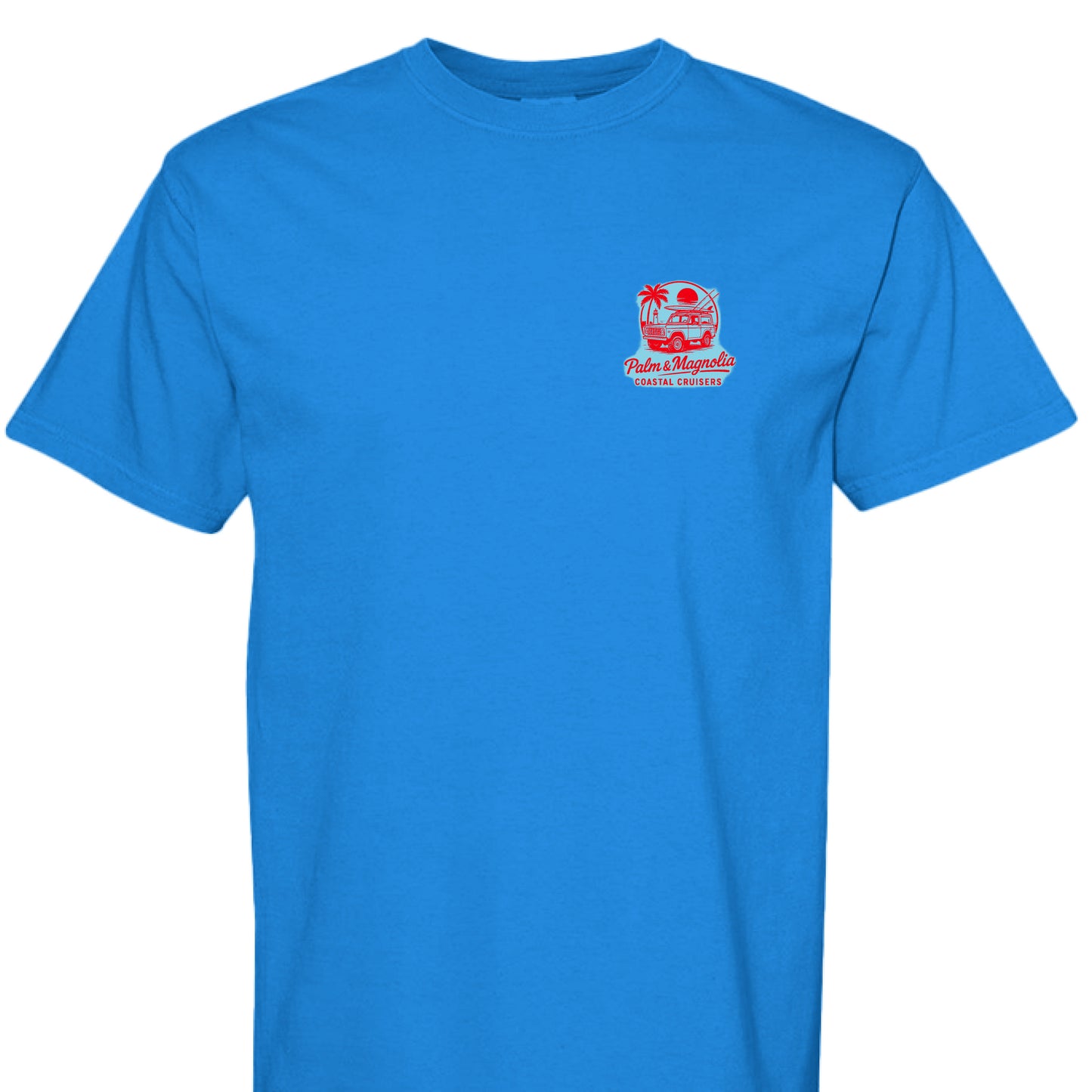 Blue Comfort Colors T-shirt with a red and white Palm & Magnolia Cruisers emblem on the chest.