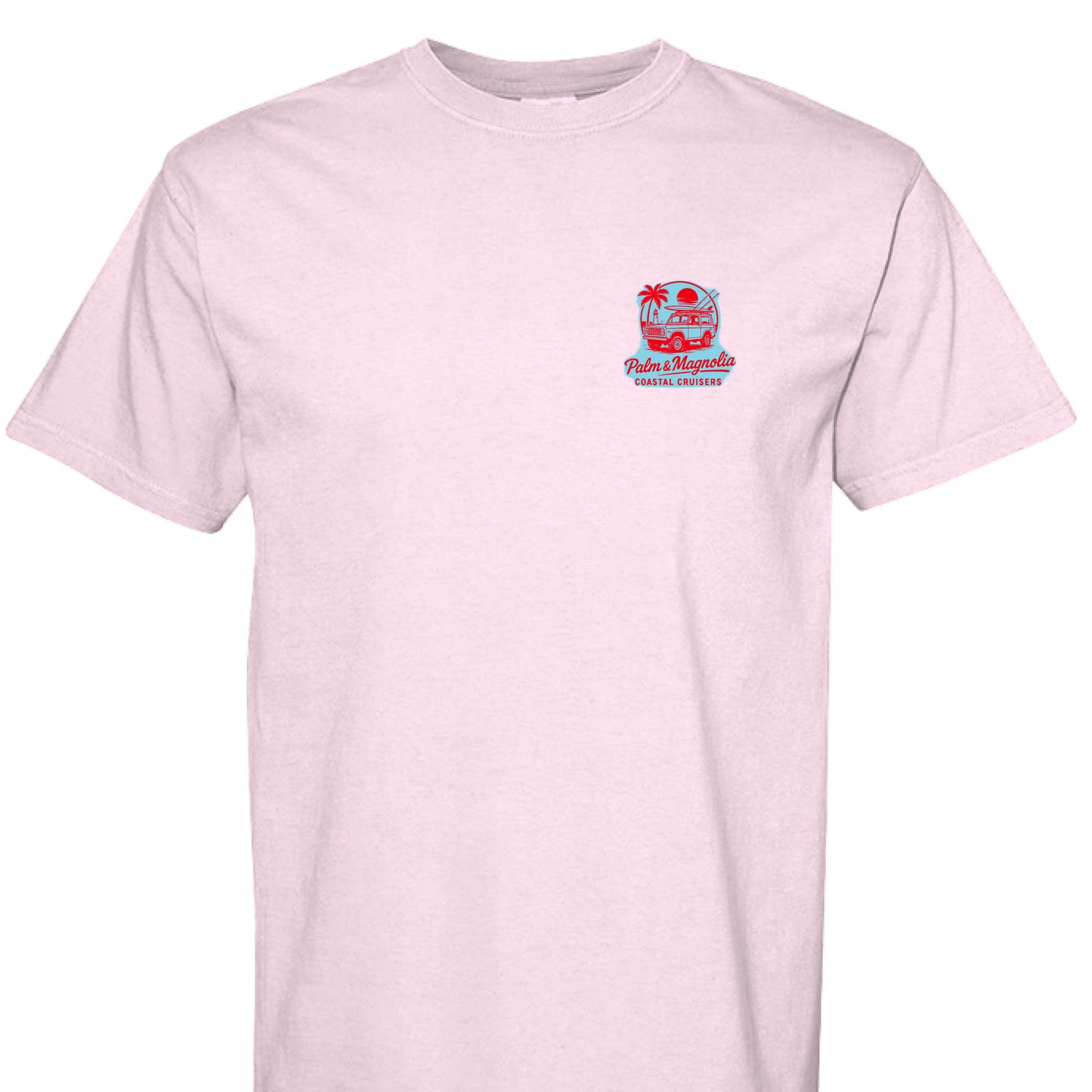 Pink Comfort Colors T-shirt with embroidered palm tree and magnolia cruisers logo on chest.