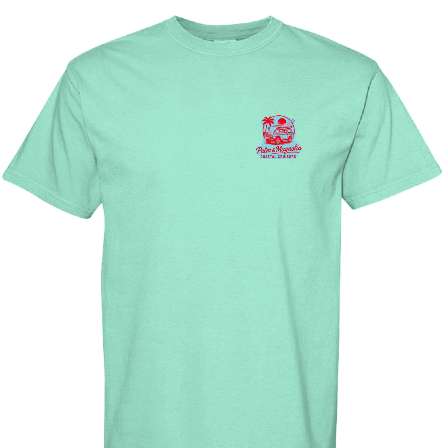 Light green Comfort Colors T-shirt with red vintage car and "Palm & Magnolia Cruisers" logo on chest.