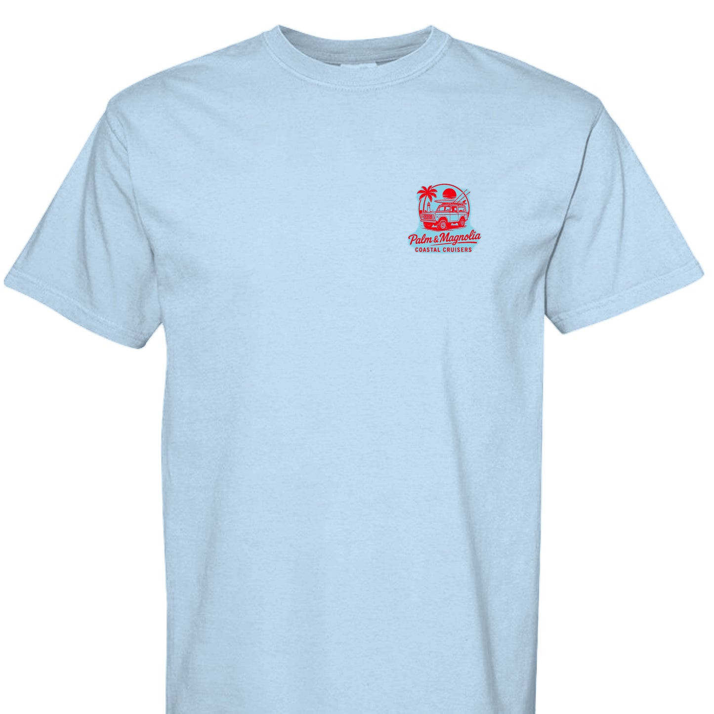 Light blue Comfort Colors T-shirt with red vintage car and "Palm & Magnolia Cruisers" logo on chest.