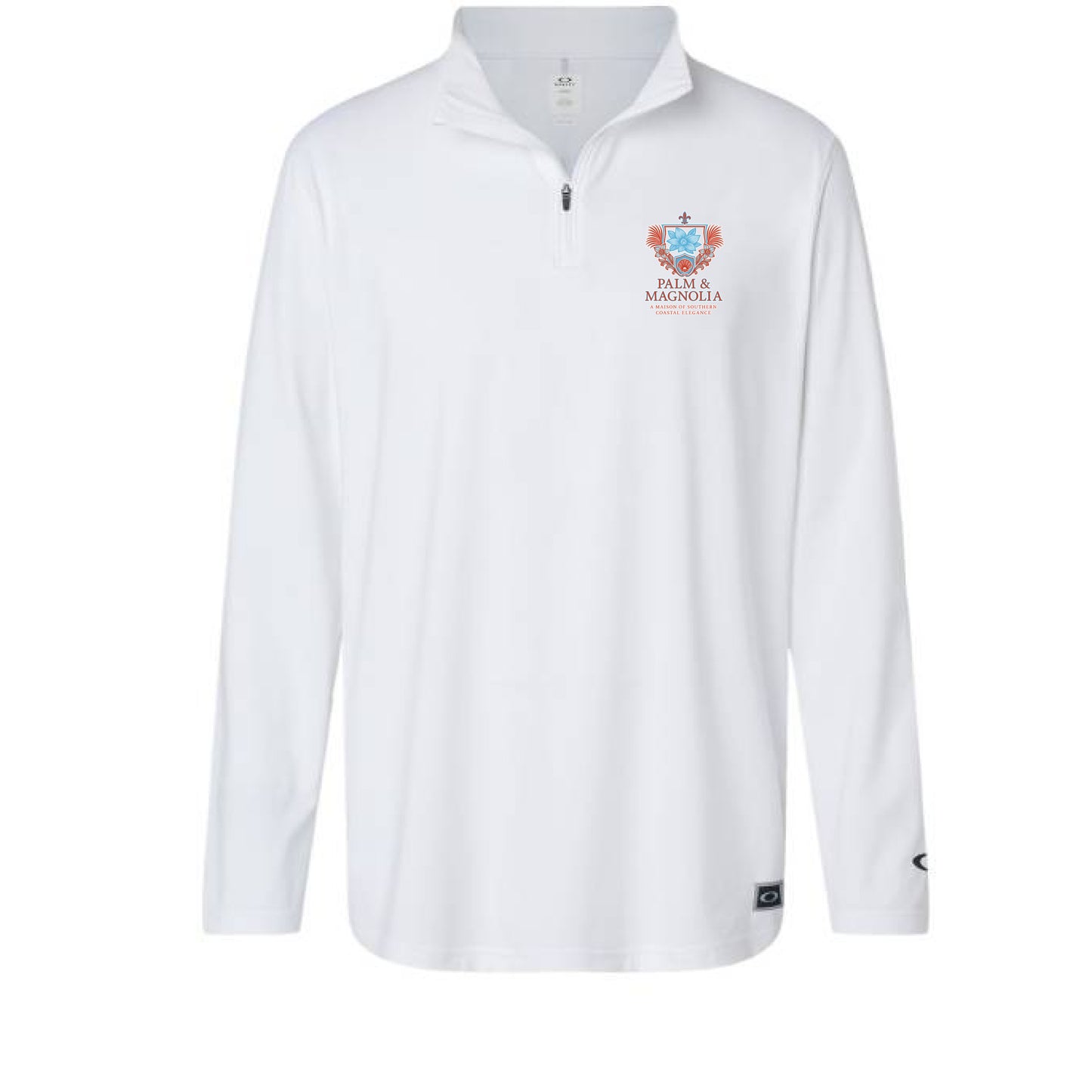 Athletic fit quarter-zip pullover in micro polyester with flat lock seams and reflective detail.
