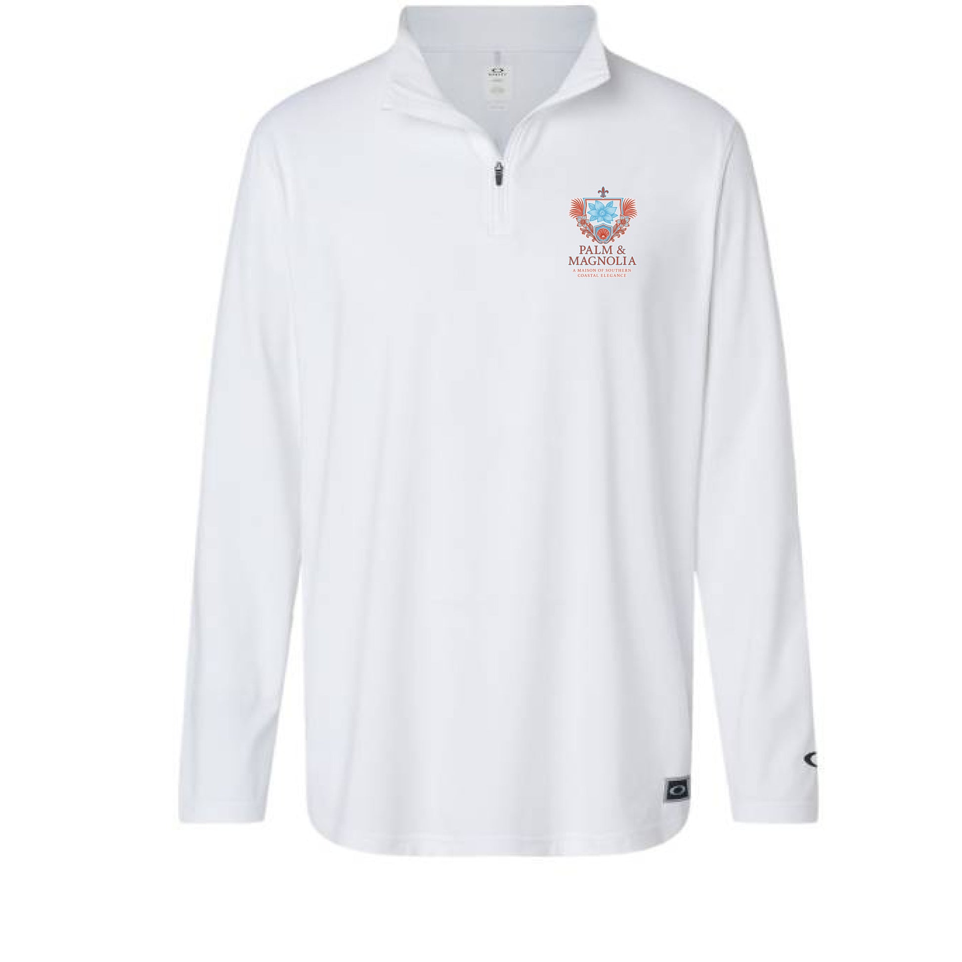 Athletic fit quarter-zip pullover in micro polyester with flat lock seams and reflective detail.