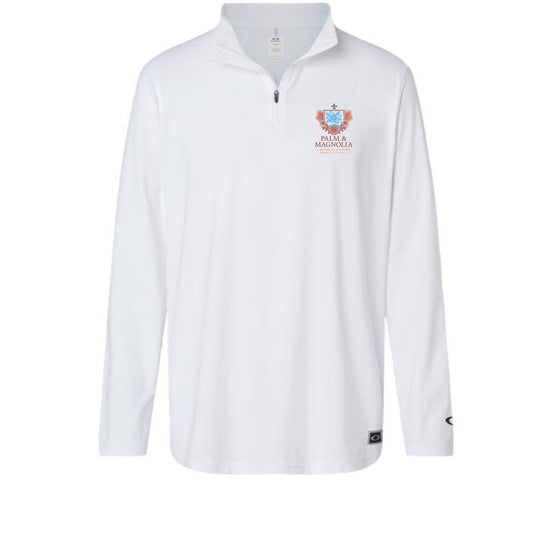 Athletic fit quarter-zip pullover in micro polyester with flat lock seams and reflective detail.