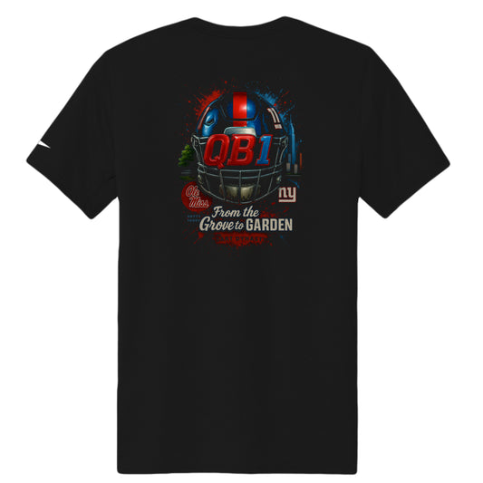 Black moisture-wicking Nike Golf Dri-FIT shirt with crew neck and logo details.