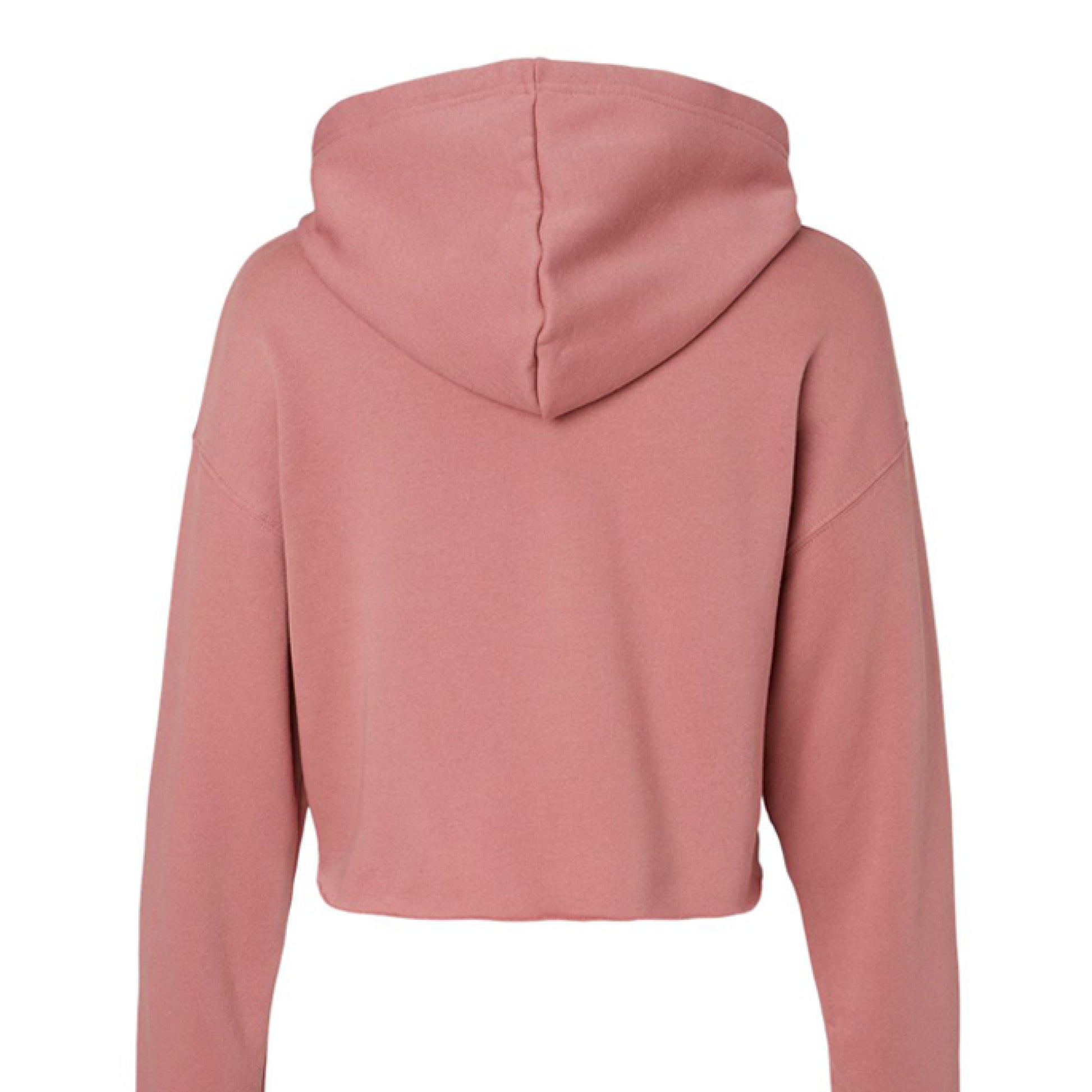 Cropped fleece hoodie in light color with raw hem and dyed-to-match drawcord.