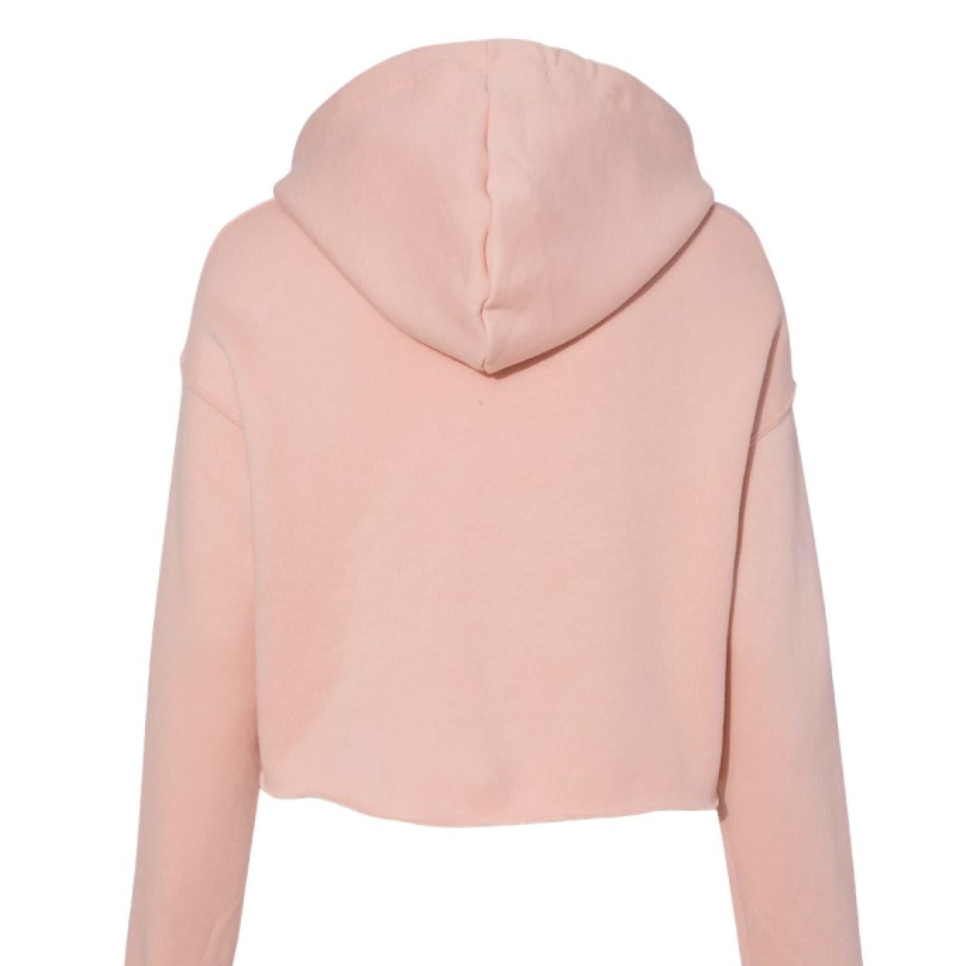 Cropped fleece hoodie in light color with raw hem and dyed-to-match drawcord.