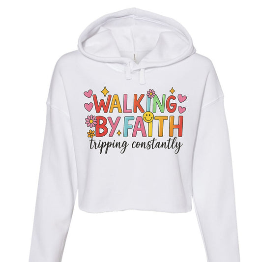 Cropped fleece hoodie in light color with raw hem and dyed-to-match drawcord.