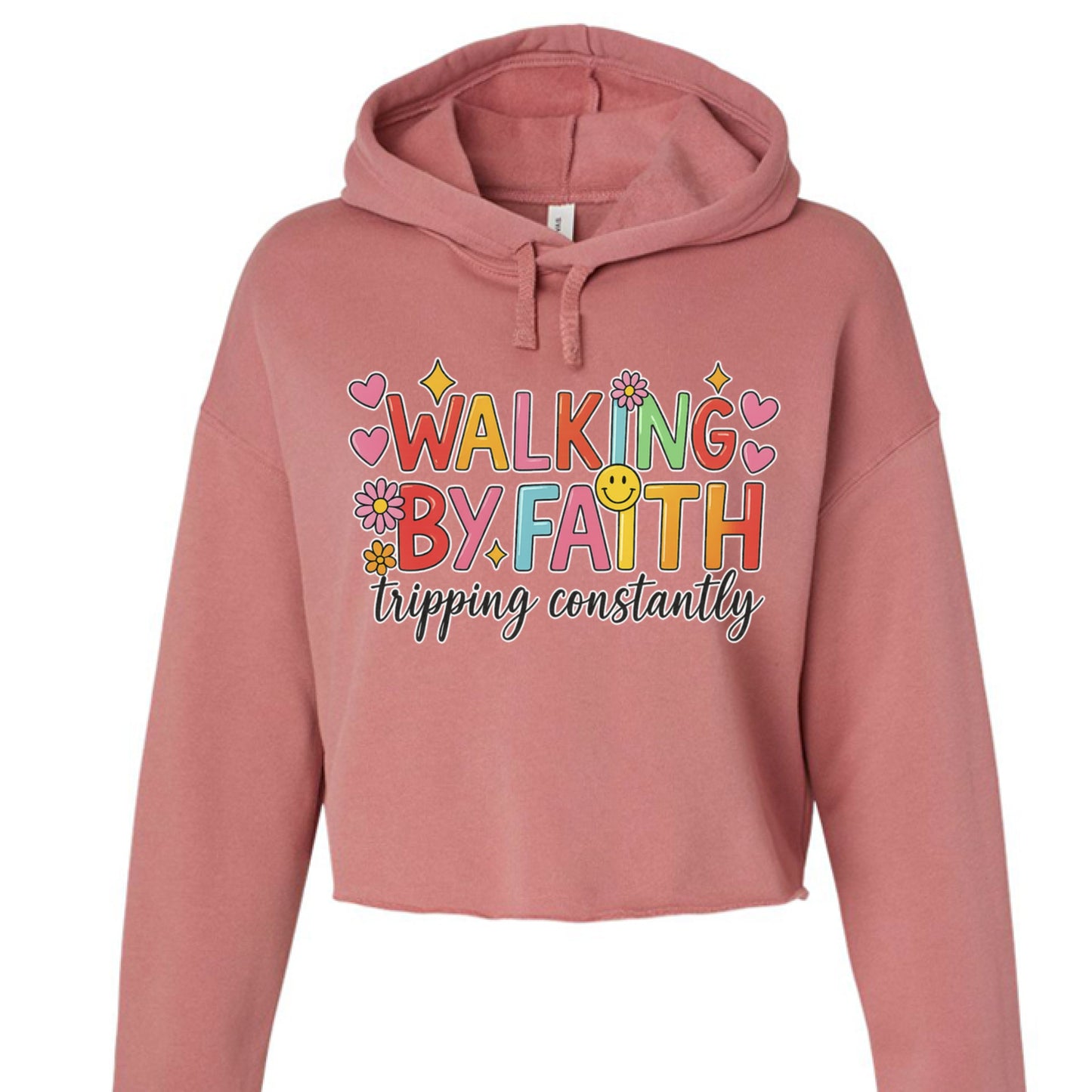 Cropped fleece hoodie in light color with raw hem and dyed-to-match drawcord.