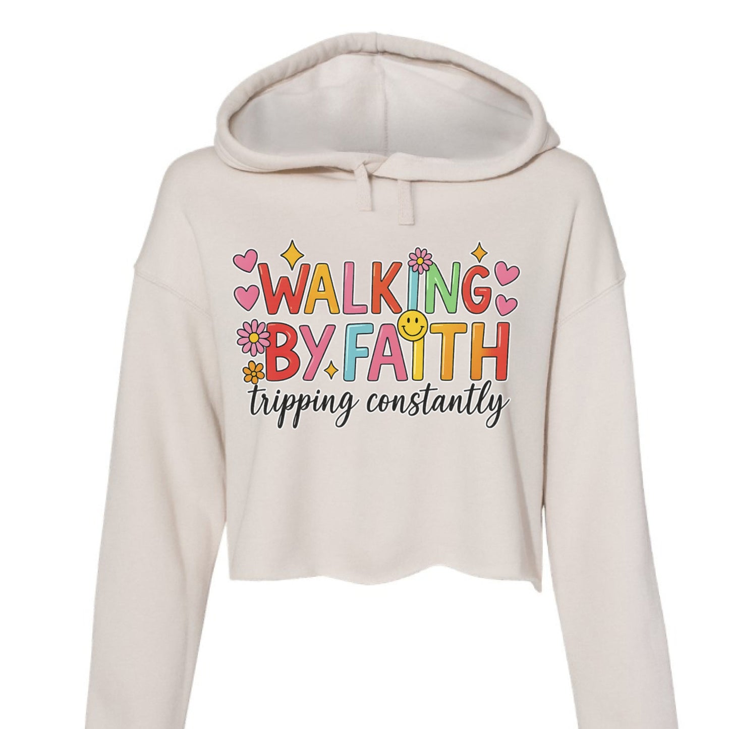 Cropped fleece hoodie in palm color with raw hem and dyed-to-match drawcord.