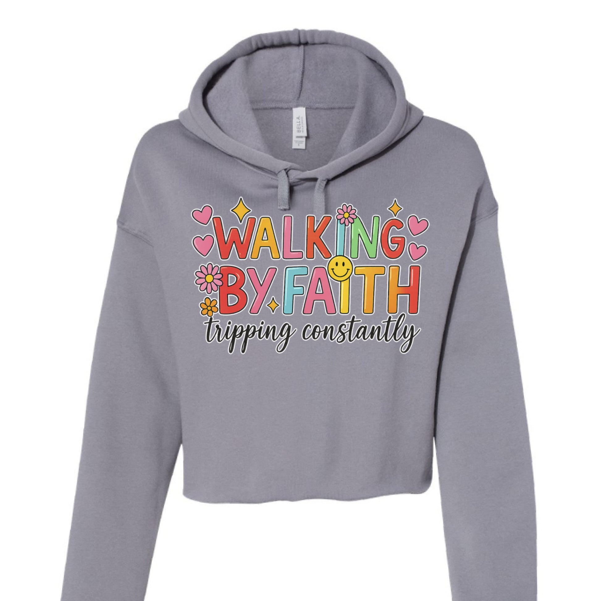 Cropped fleece hoodie in palm and magnolia with a raw hem and dyed-to-match drawcord.