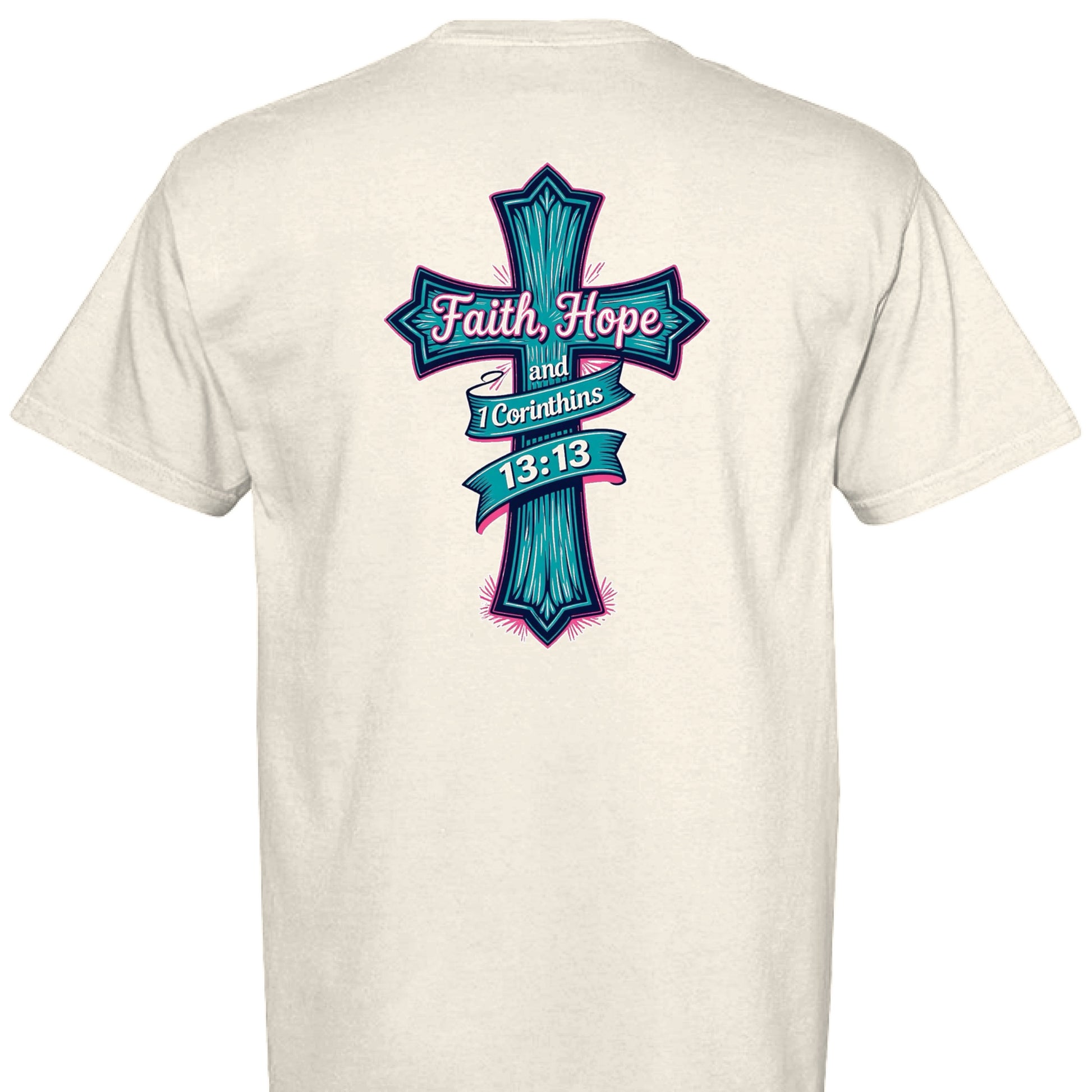 A soft-washed, garment-dyed adult t-shirt featuring "Faith Hope and Love" design.