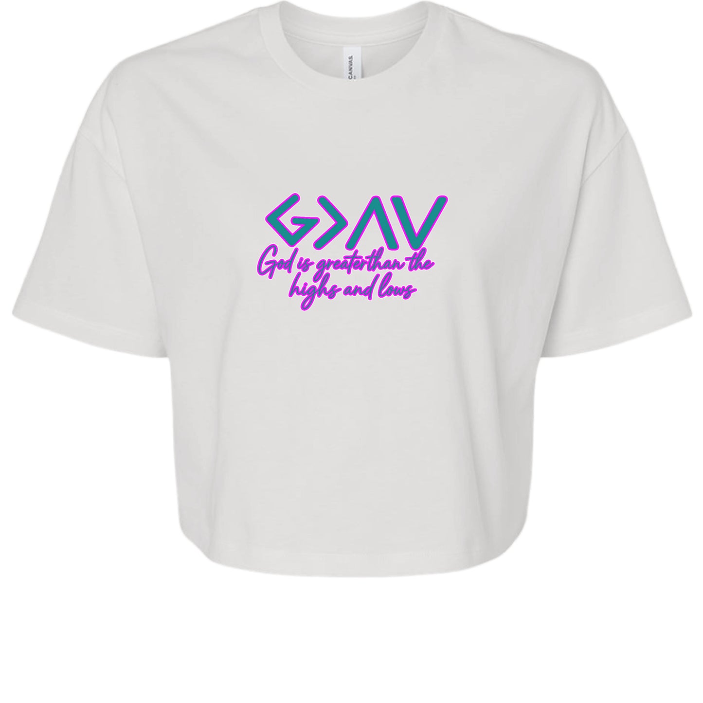 White crop tee with "God is Greater" graphic, oversized sleeves, and relaxed fit.