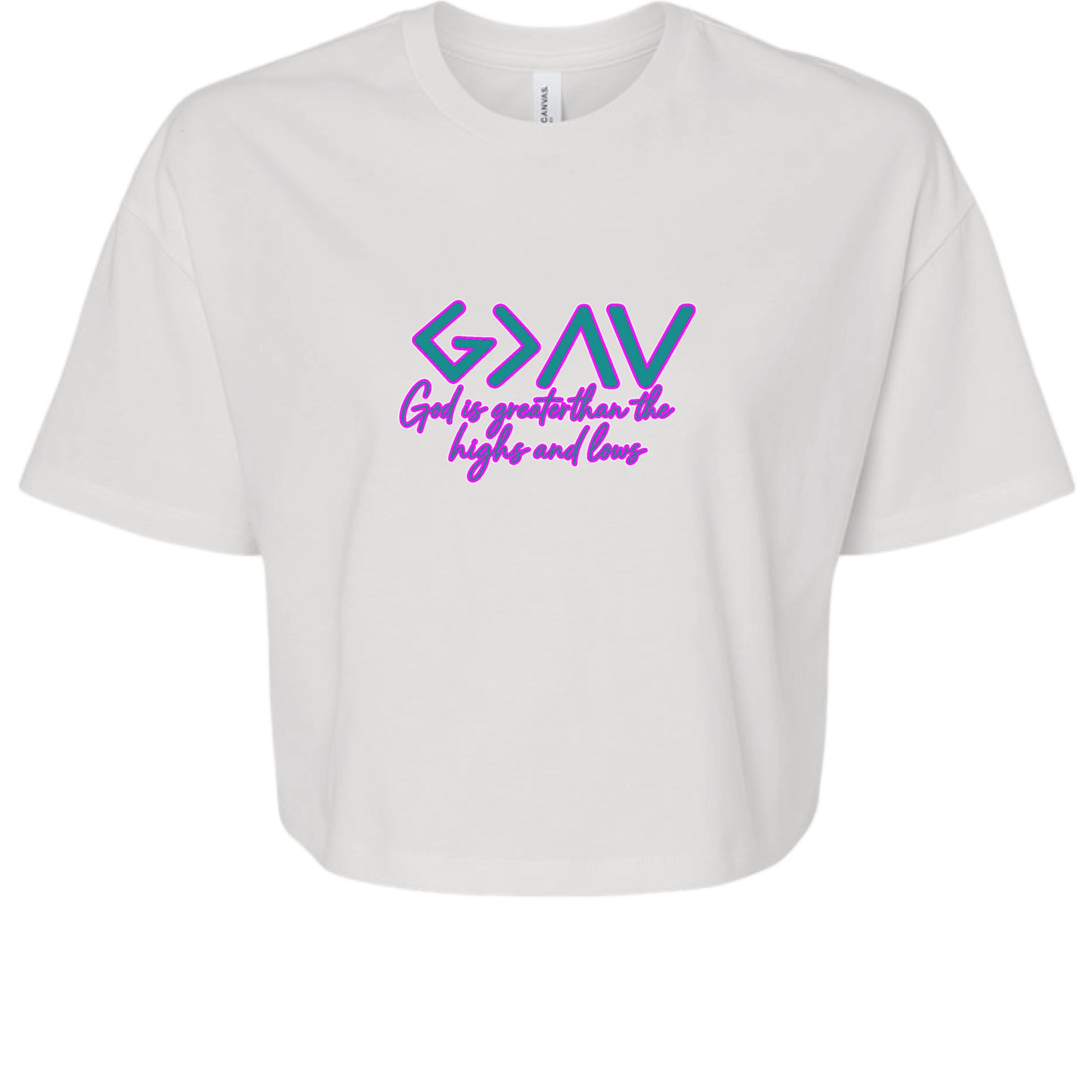 White crop tee with "God is Greater" graphic, oversized sleeves, and relaxed fit.
