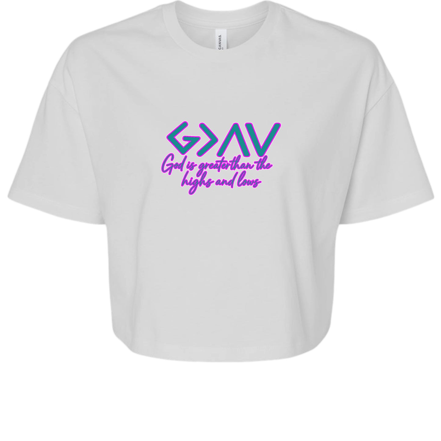 White crop tee with "God is Greater" graphic, oversized sleeves, and relaxed fit.