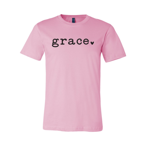 Pink unisex T-shirt with black "grace" text in soft Airlume cotton.