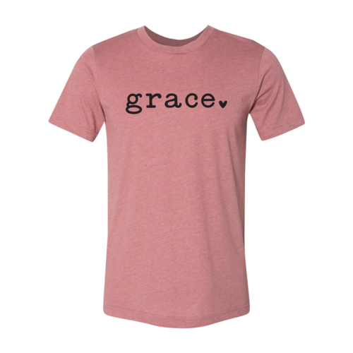 Rose-colored unisex T-shirt with black "grace." text on chest, made of soft airlume cotton.