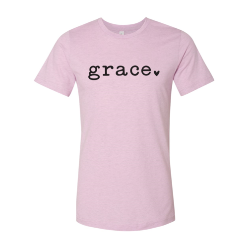 Pink unisex t-shirt with black "grace" text on chest, made of soft cotton.