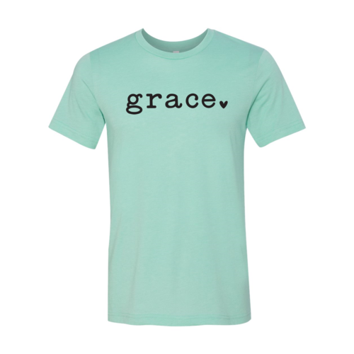 Teal unisex short-sleeve T-shirt with black "grace." text on chest.