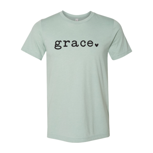 Light green unisex T-shirt with black "grace." text on chest.