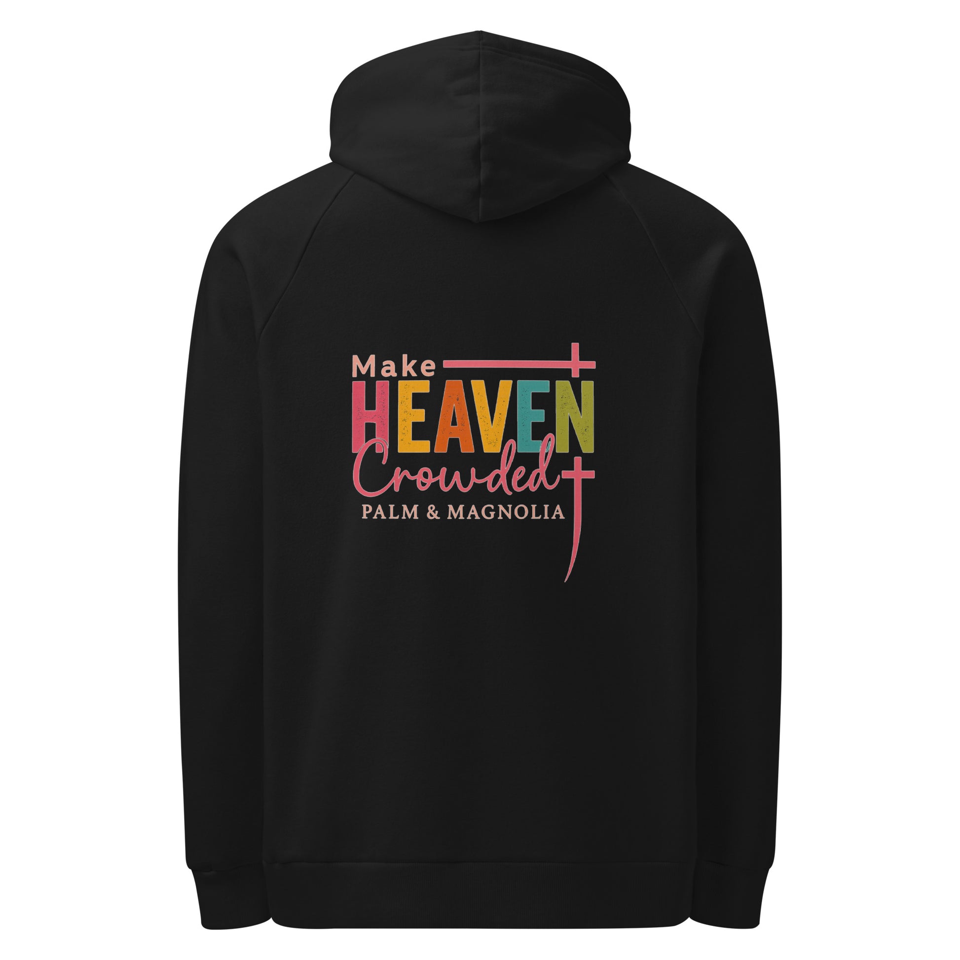 Black Under Armour hoodie with colorful "Make Heaven Crowded" text and cross on back.