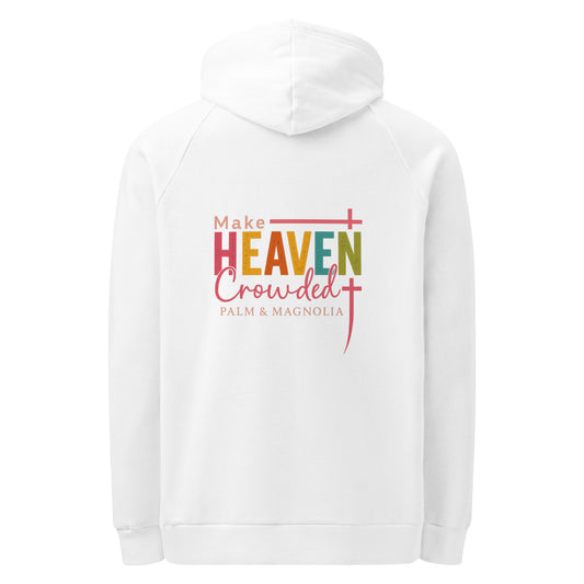 White Under Armour hoodie with colorful "Make Heaven Crowded" text and cross on back.