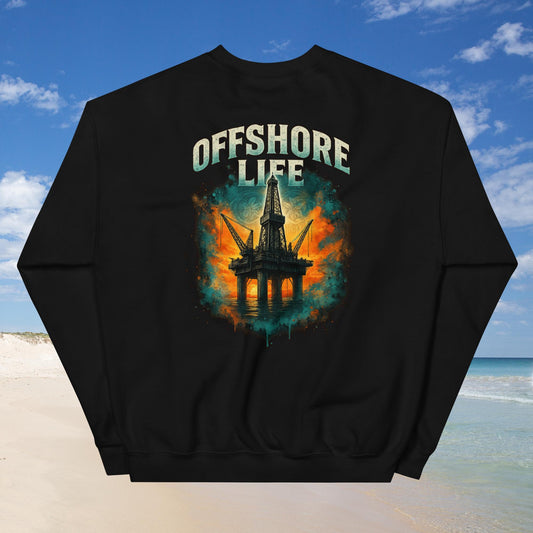 Black sweatshirt with "Offshore Life" text and colorful oil rig graphic.