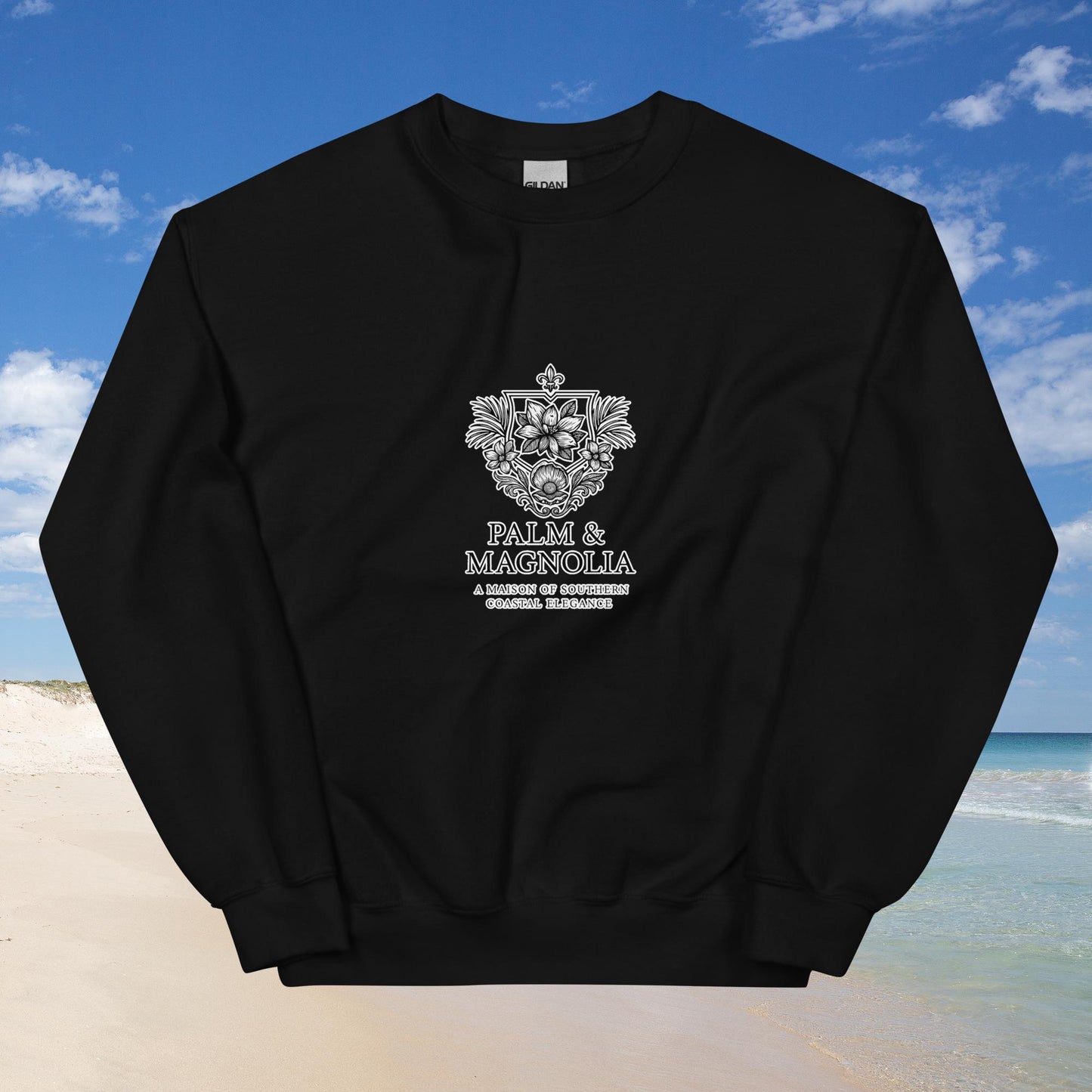 Black sweatshirt with embroidered Palm & Magnolia Oilfield Life Jackup crest.