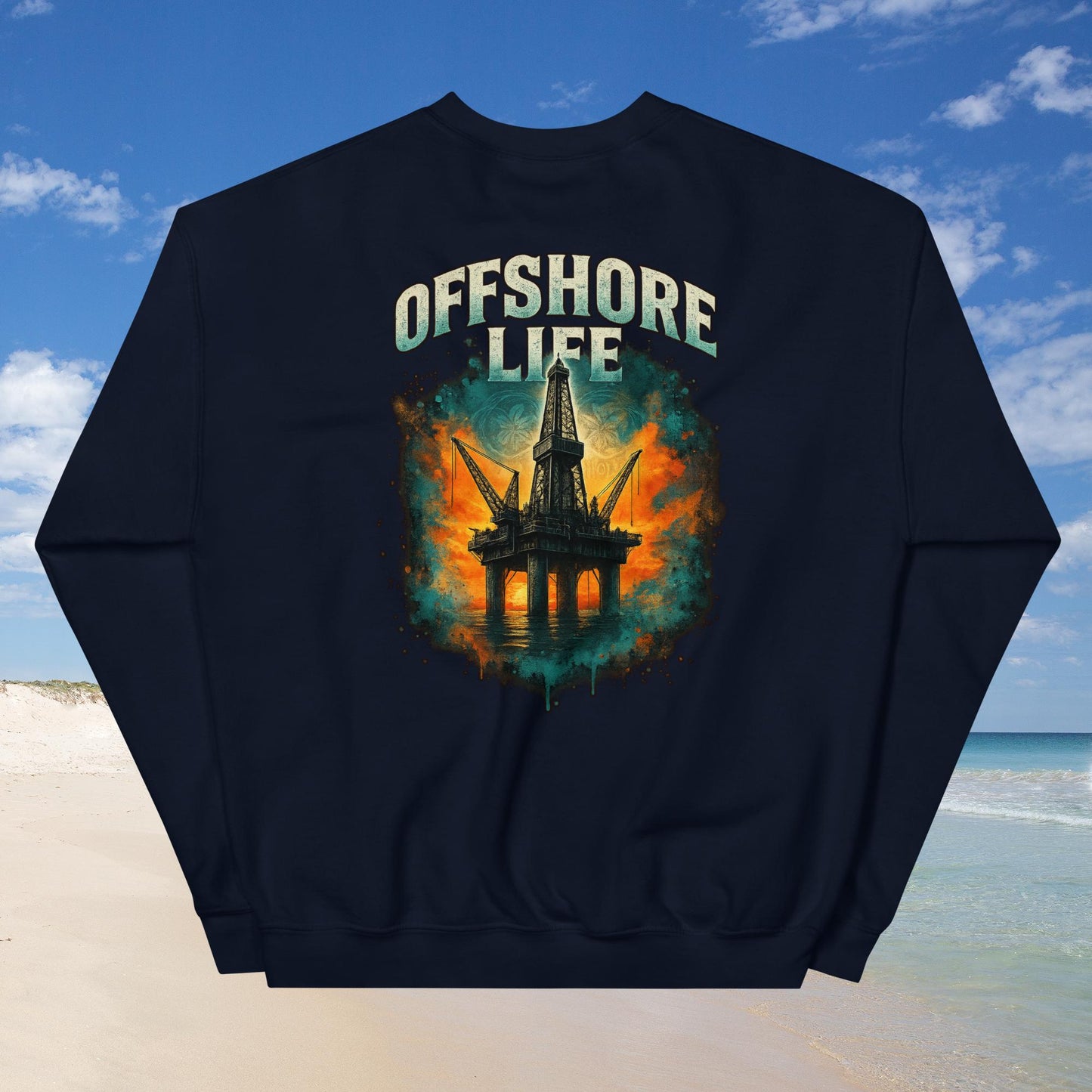 Black sweatshirt with "Offshore Life" text and vibrant oil rig graphic.
