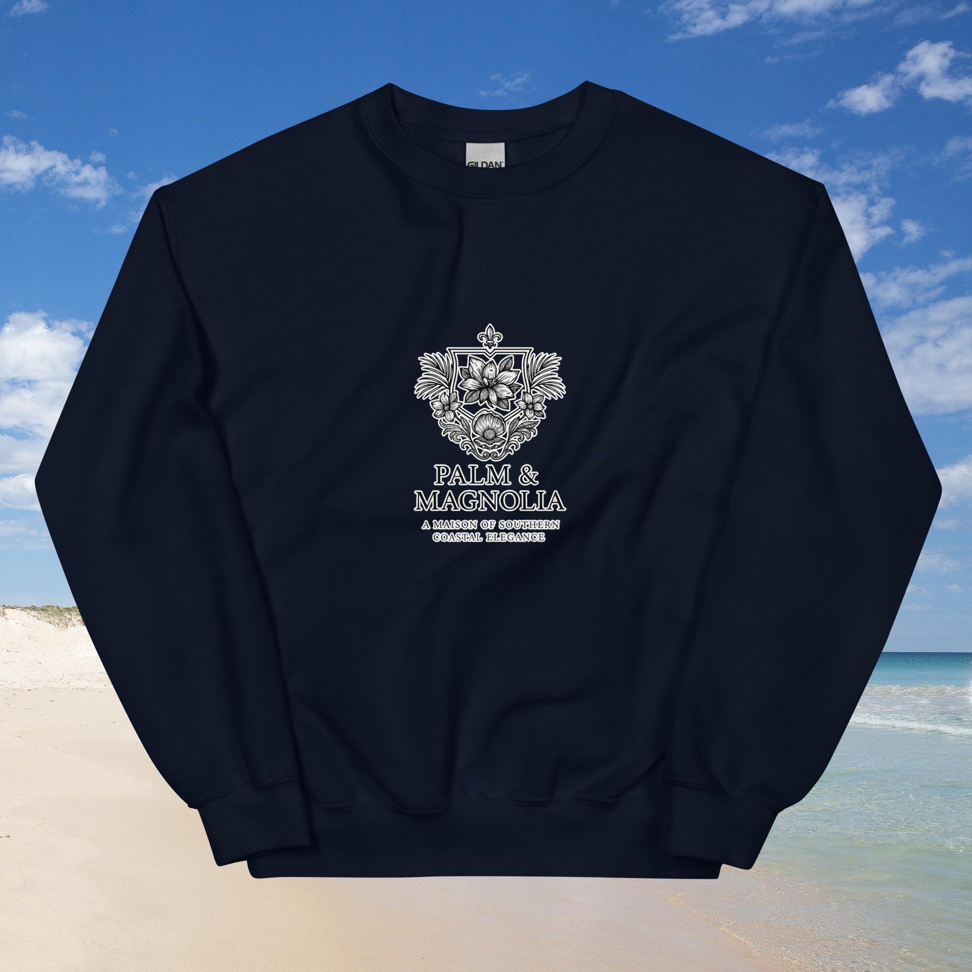 Black sweatshirt with embroidered "Palm & Magnolia Oilfield Life Jackup" crest.