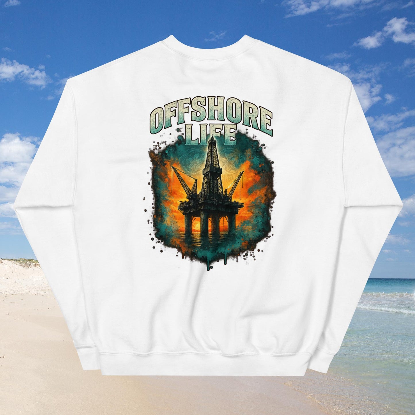 White sweatshirt with "Offshore Life" text and colorful oil rig graphic.