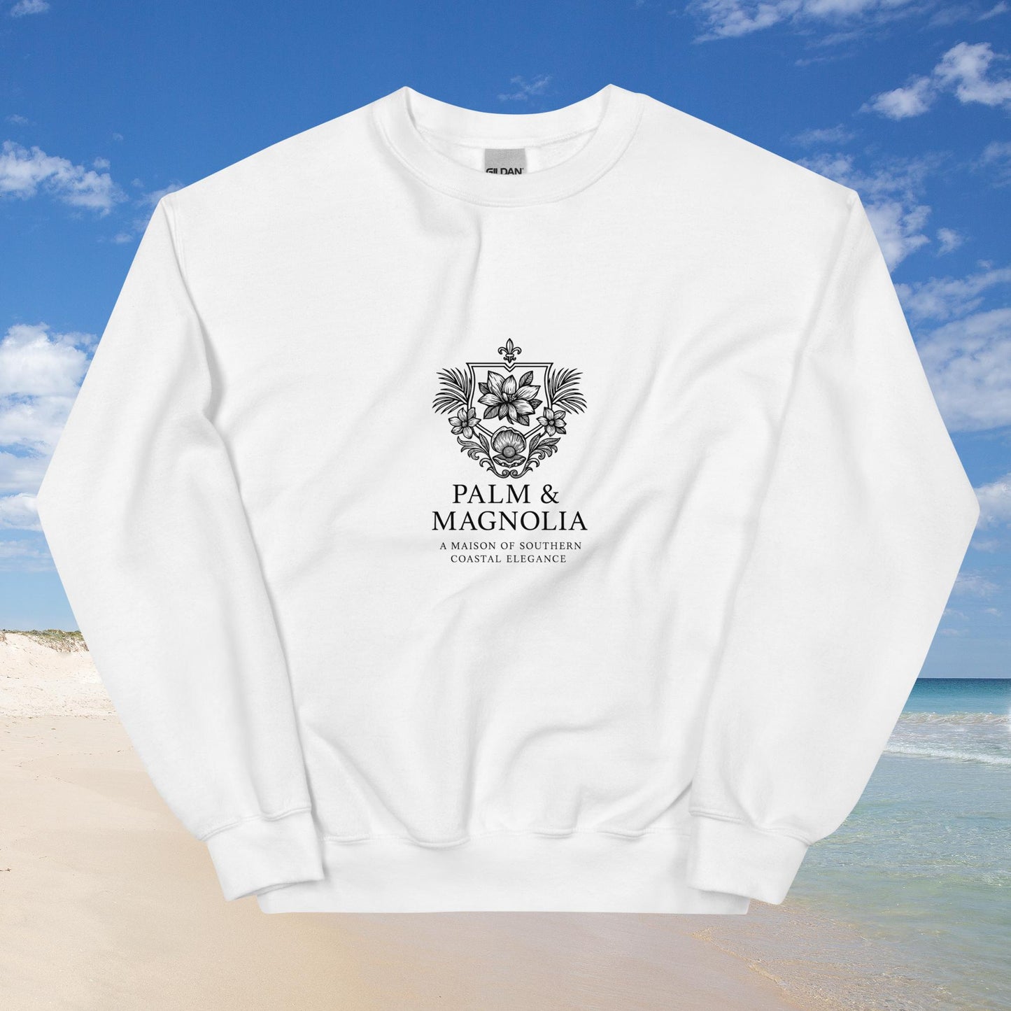 White crewneck sweatshirt with central crest emblem and "Palm & Magnolia Oilfield Life Jackup" text.