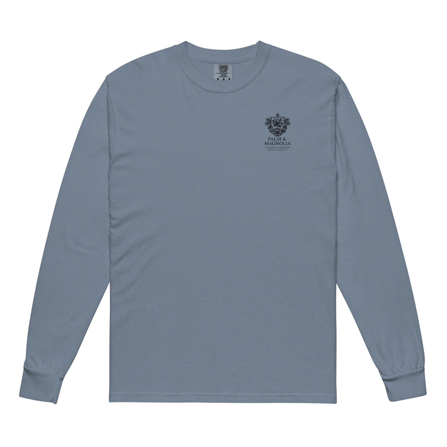 Heather gray long-sleeve Comfort Colors tee with "Hope Anchors the Soul" palm and magnolia emblem on chest.