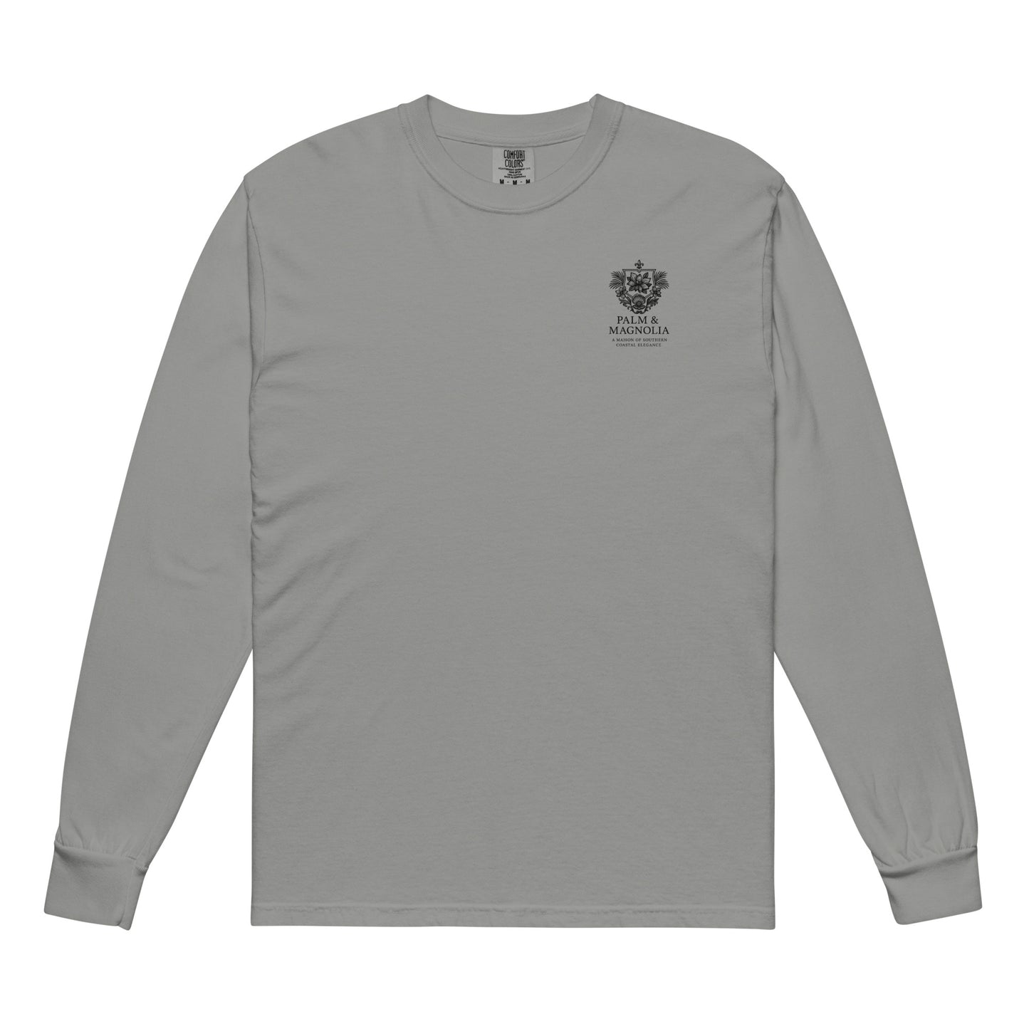 Gray long-sleeve Comfort Colors tee with "Hope Anchors the Soul" palm and magnolia emblem on chest.