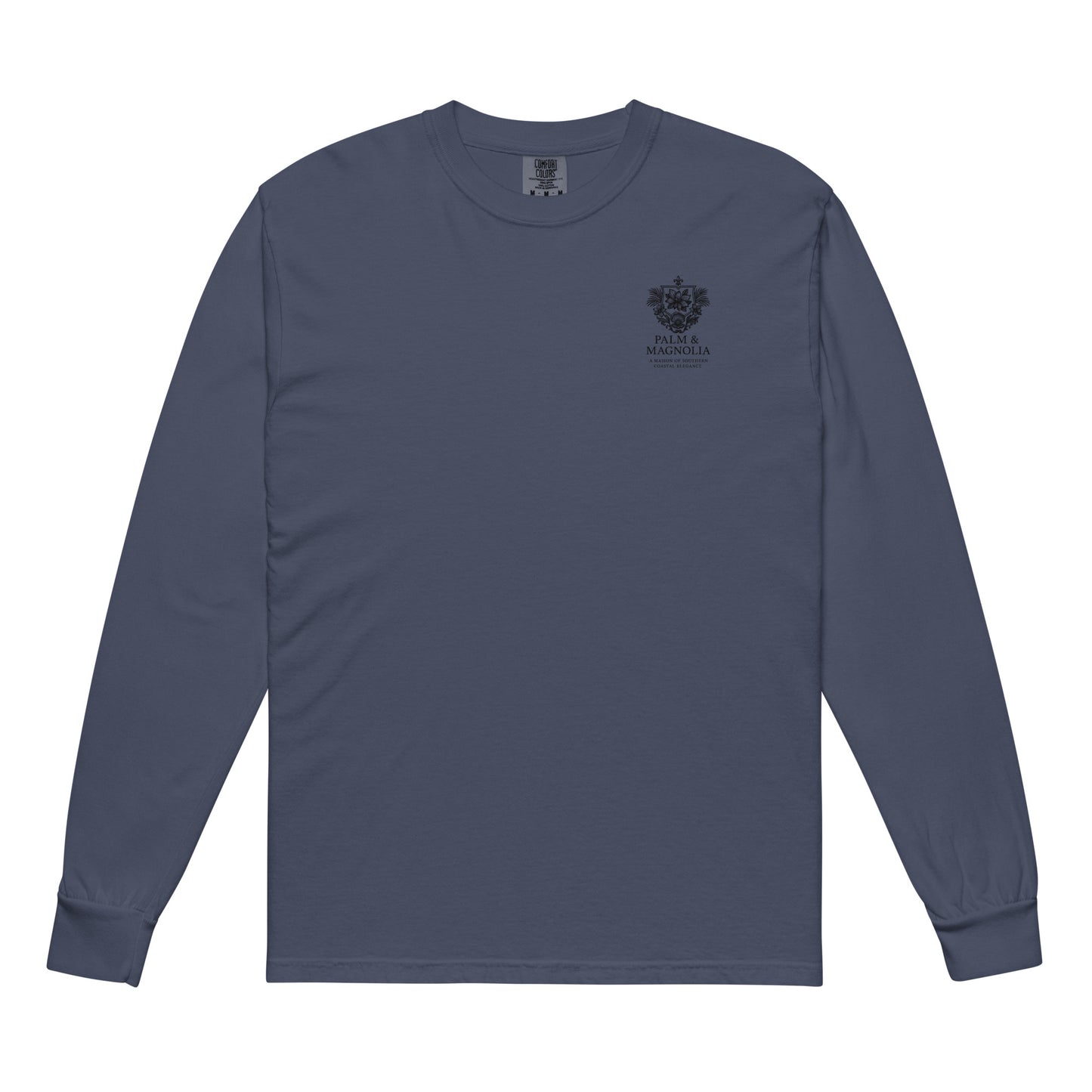 Navy long-sleeve Comfort Colors tee with "Hope Anchors the Soul" palm and magnolia emblem on chest.