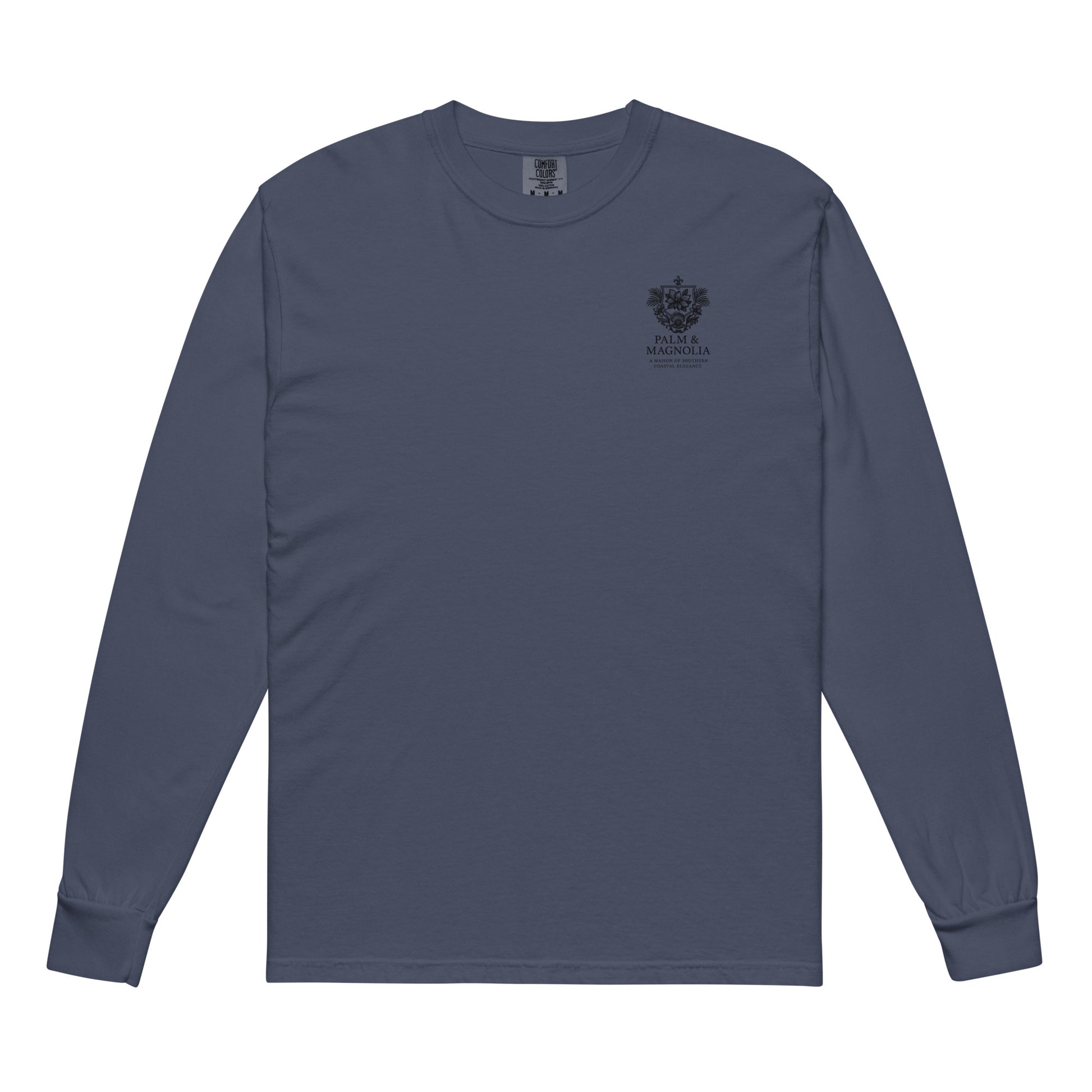Navy long-sleeve Comfort Colors tee with "Hope Anchors the Soul" palm and magnolia emblem on chest.