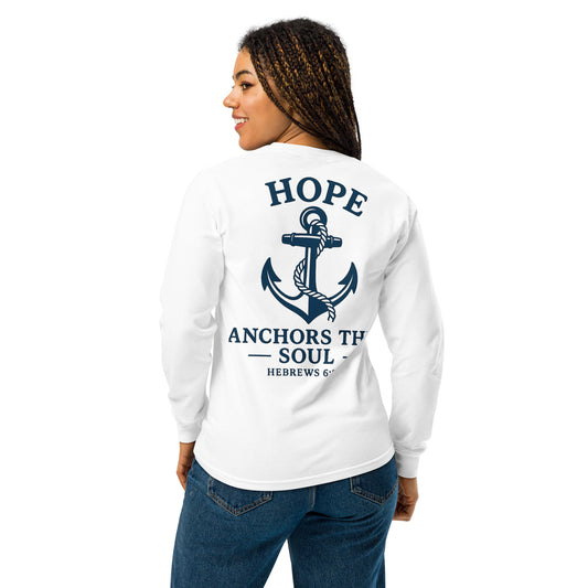 A woman models the back of a white long-sleeve tee with "Hope Anchors the Soul" and anchor design.