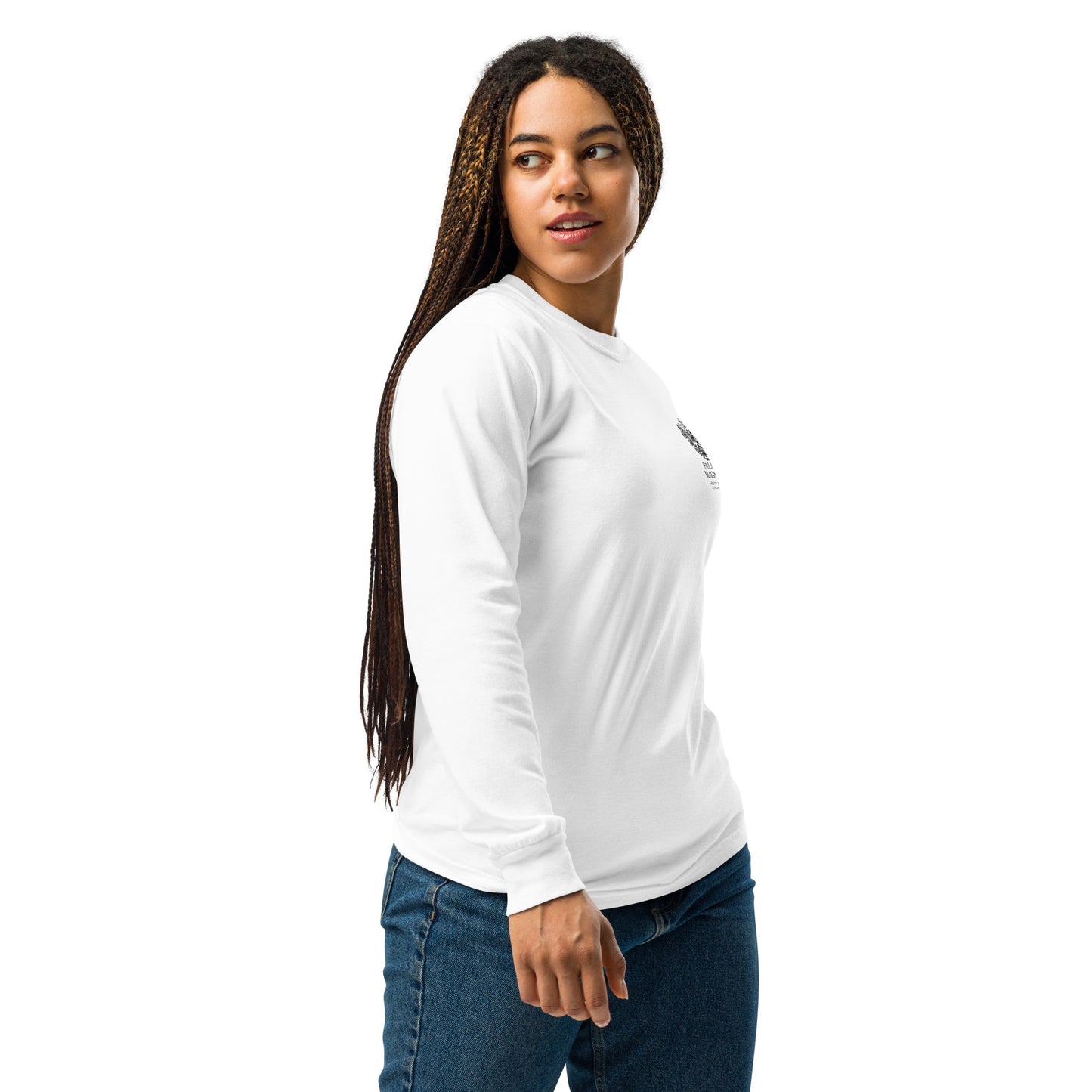 Side profile of a woman with long braids wearing a white unisex cotton tee with palm and magnolia print.