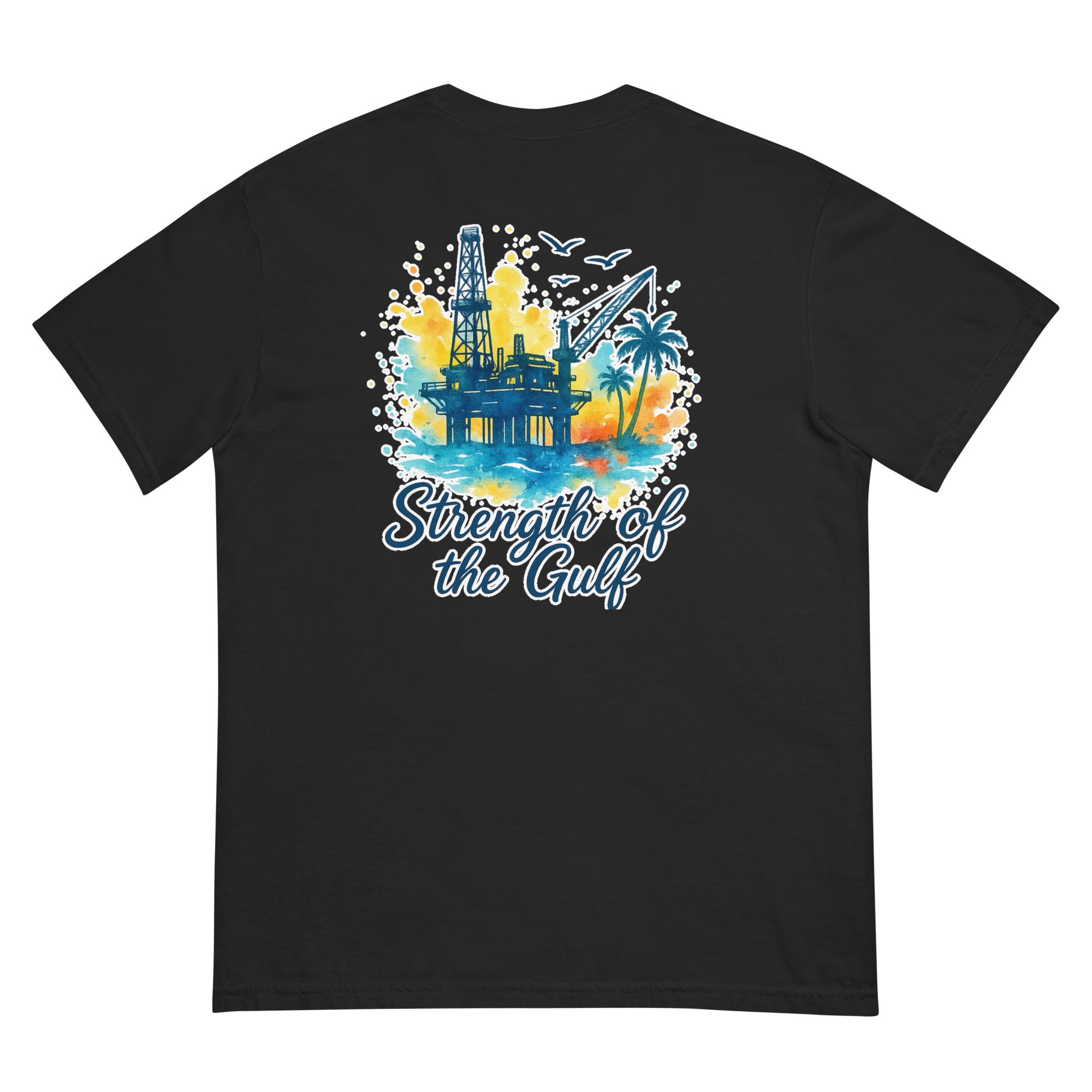Black short-sleeve tee with watercolor jack-up rig, sunset, palms, and "Strength of the Gulf" text on back.