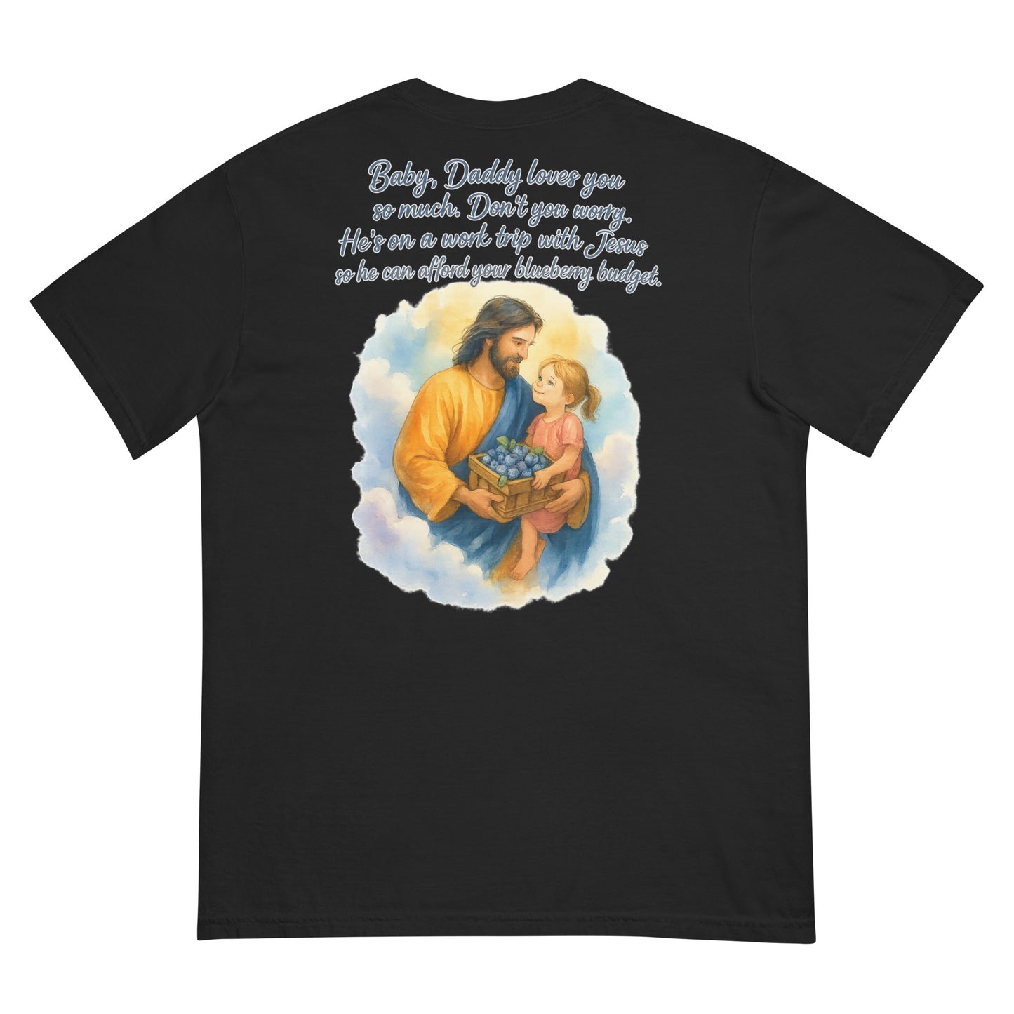 Black Comfort Colors T-shirt with watercolor Jesus holding girl and blueberries on back.