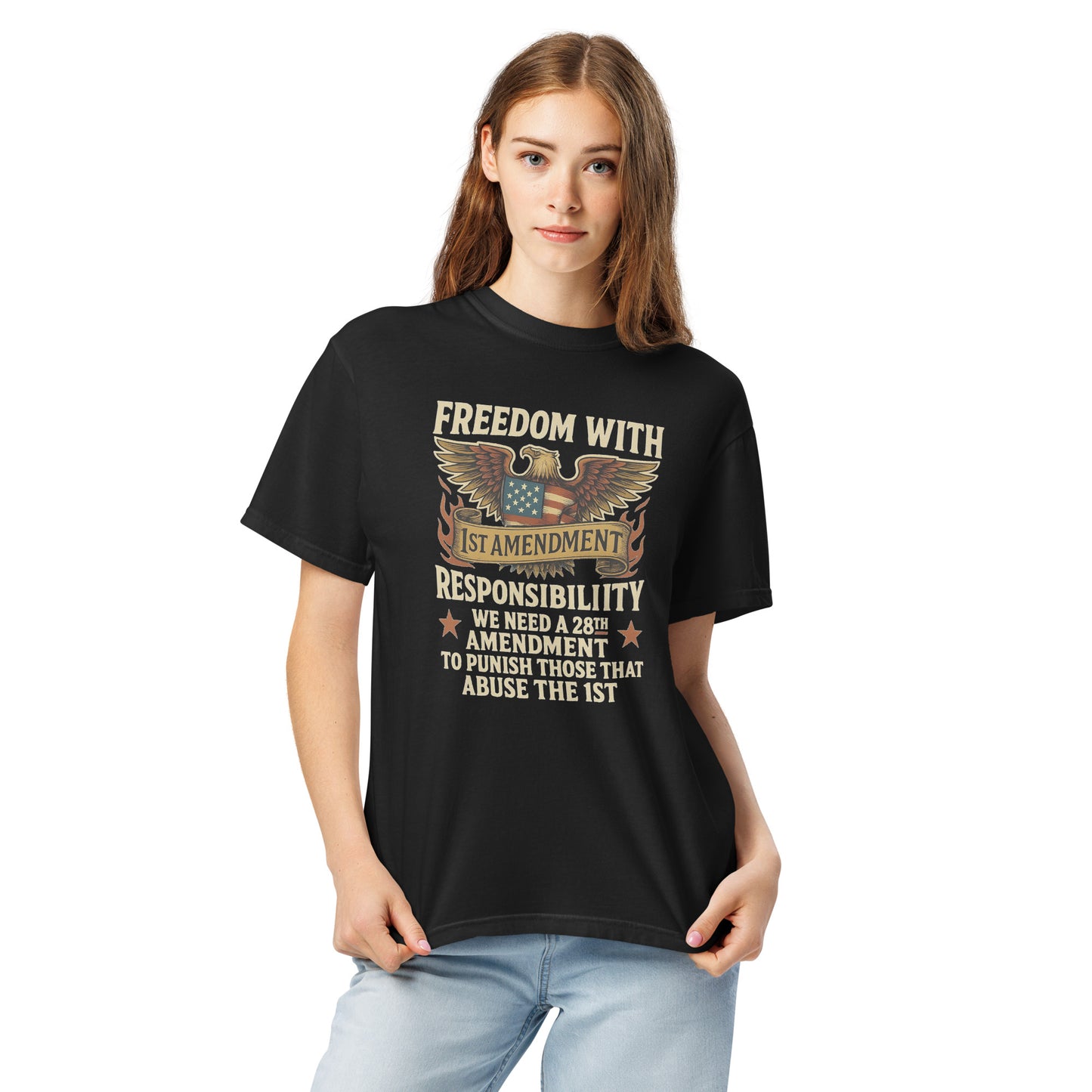 Black unisex heavyweight t-shirt with eagle and 28th Amendment freedom design.