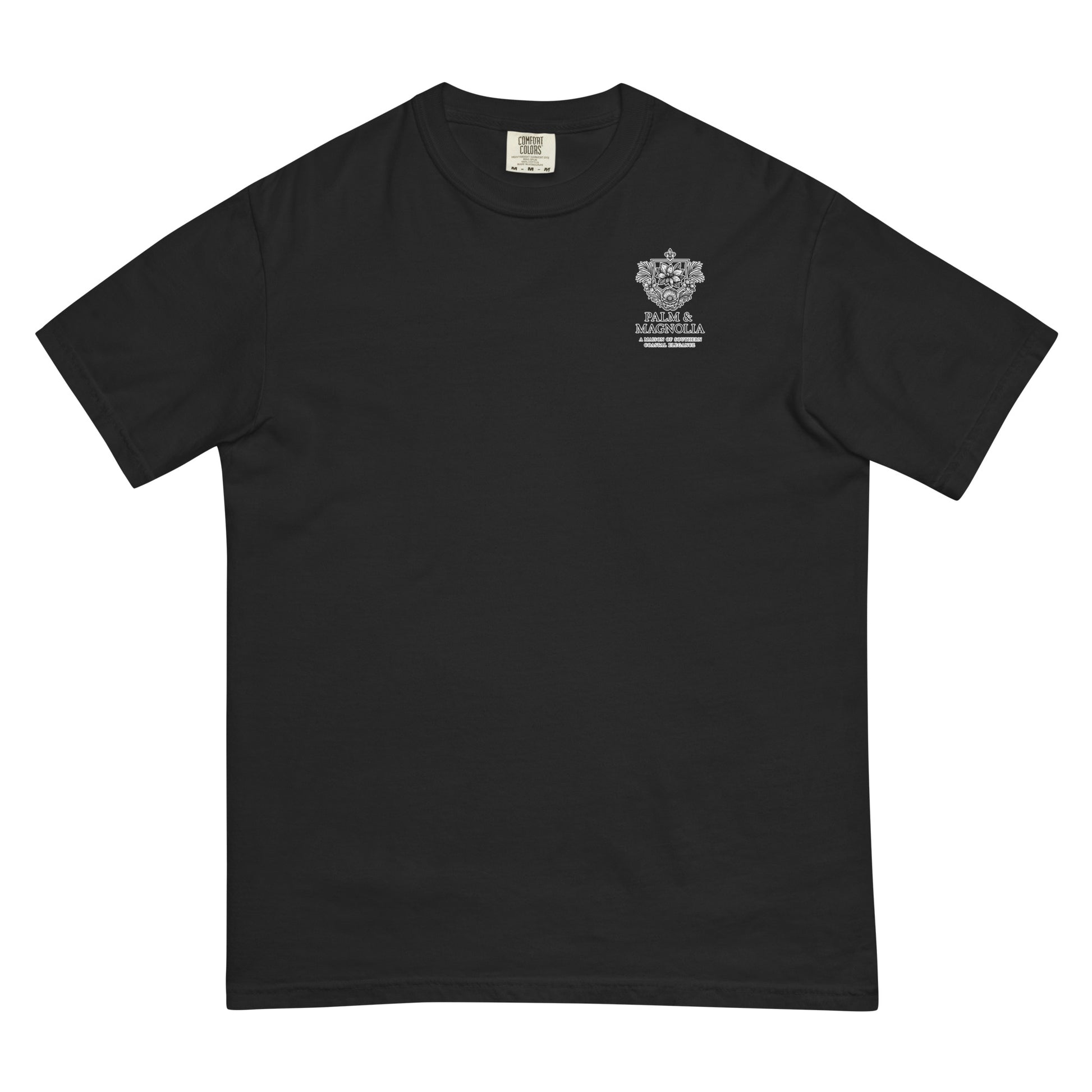 Black Comfort Colors short-sleeve tee with jack-up rig watercolor design on chest.