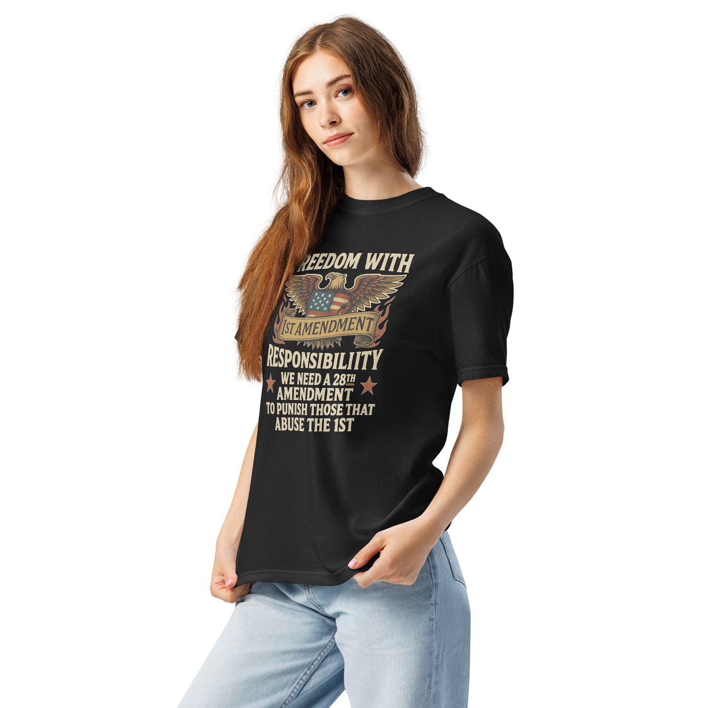 Woman modeling black unisex heavyweight t-shirt with 28th Amendment eagle graphic.