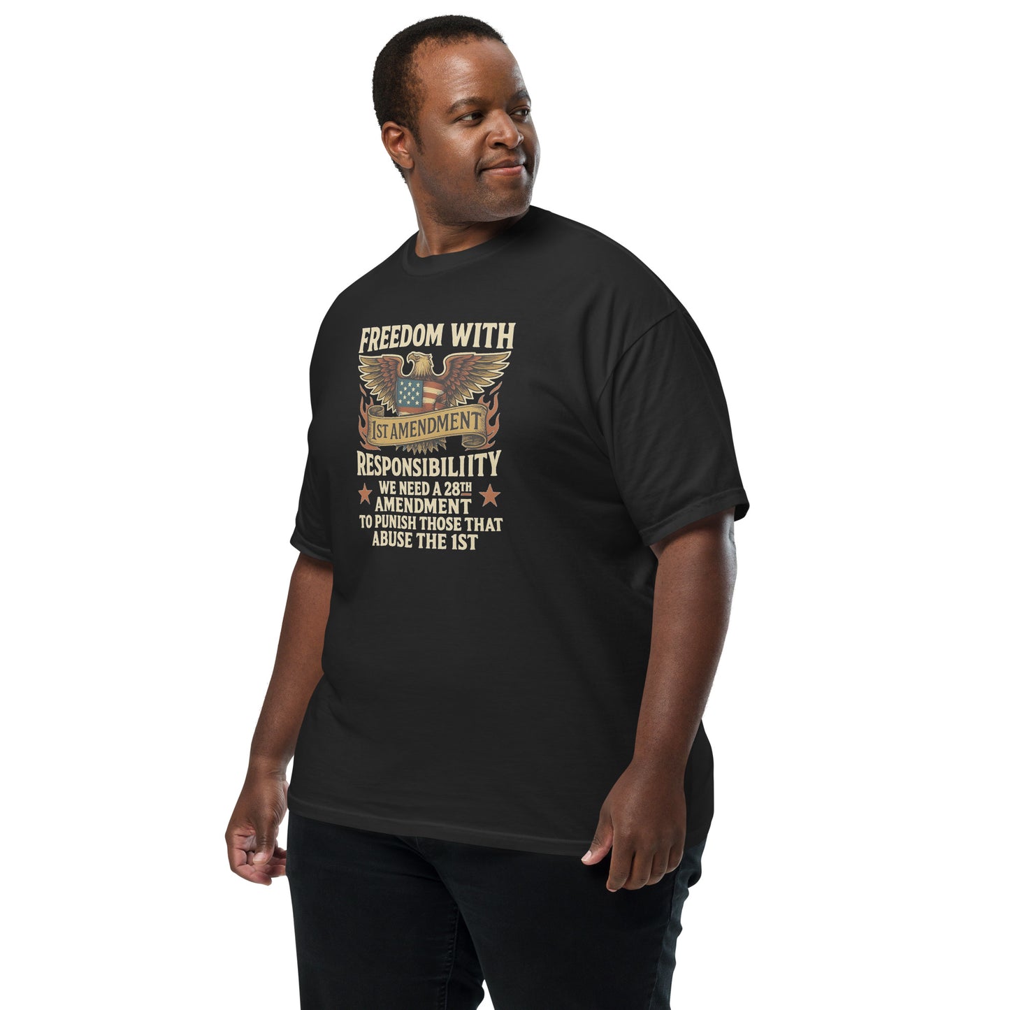 Unisex black heavyweight t-shirt with 28th Amendment eagle graphic on chest.