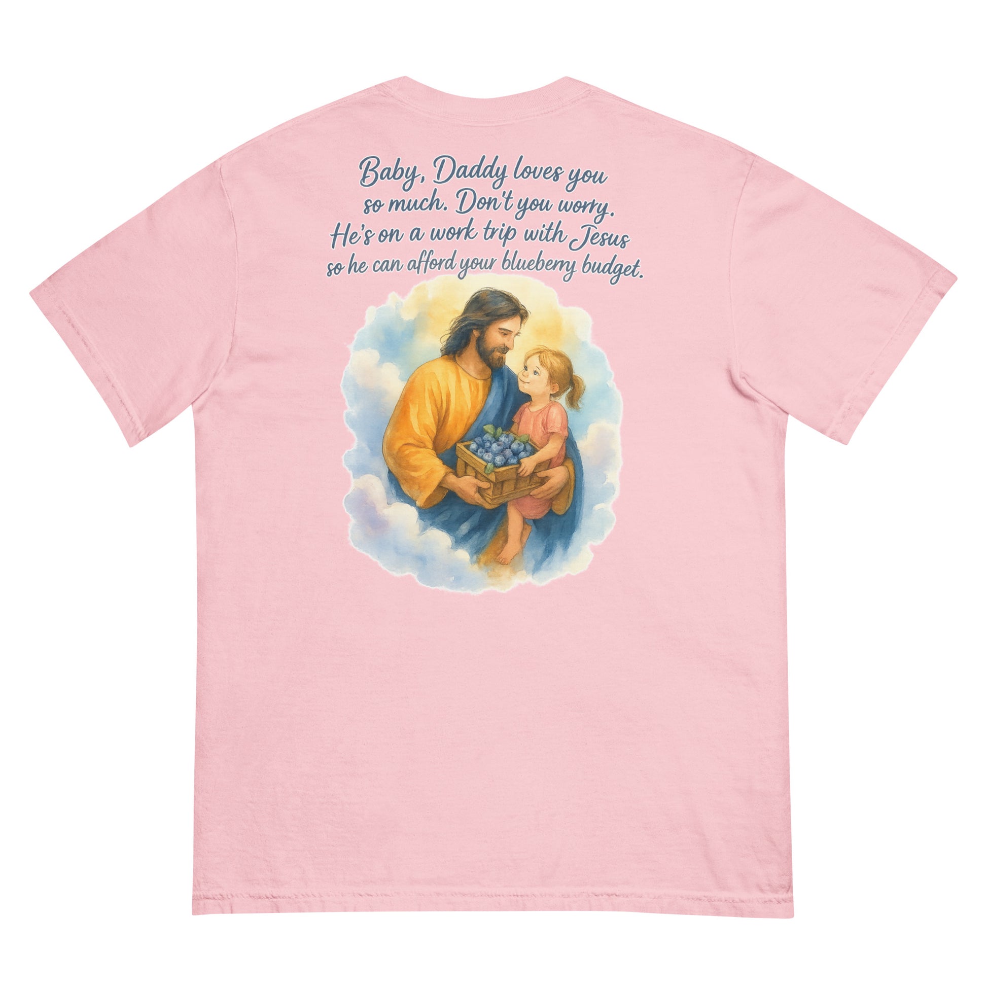 Pink Comfort Colors tee with watercolor Jesus holding girl and blueberries, plus quote.