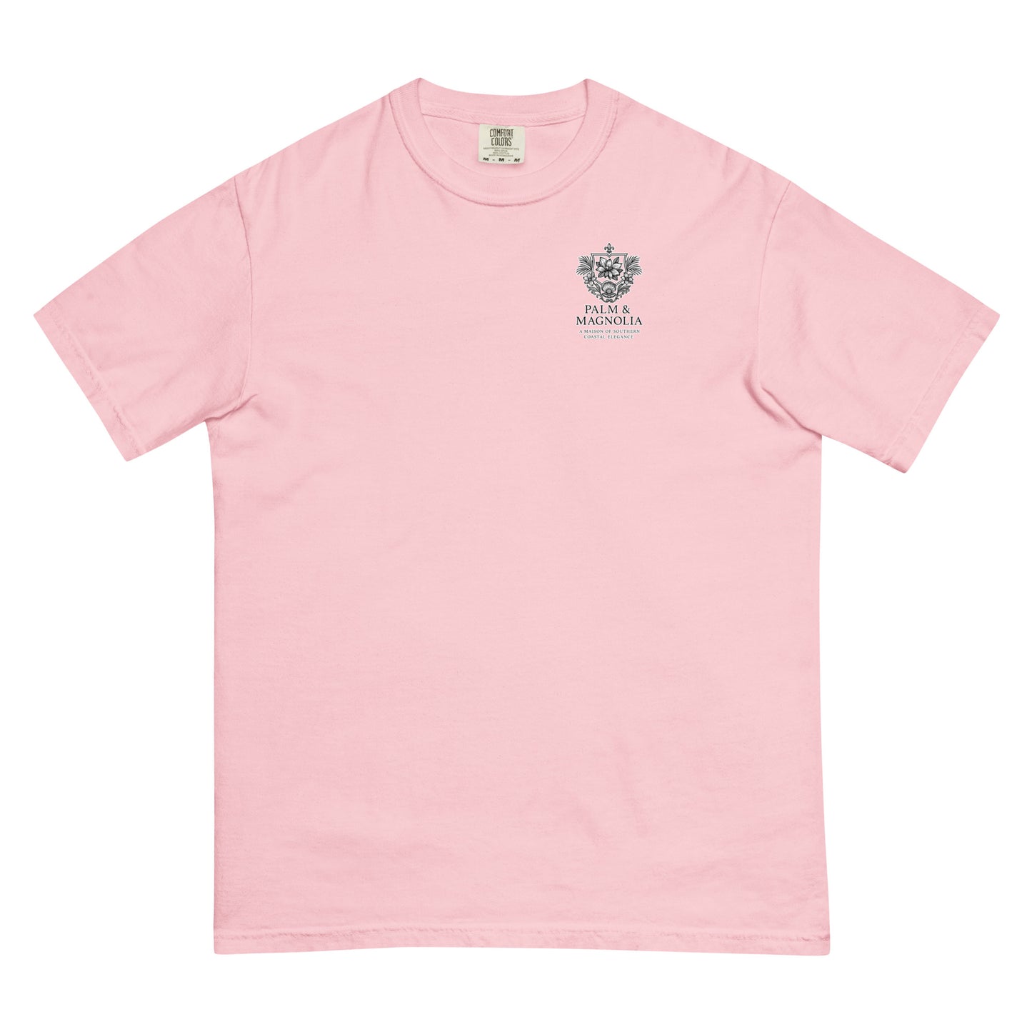 Pink Comfort Colors t-shirt with Palm & Magnolia logo on chest.