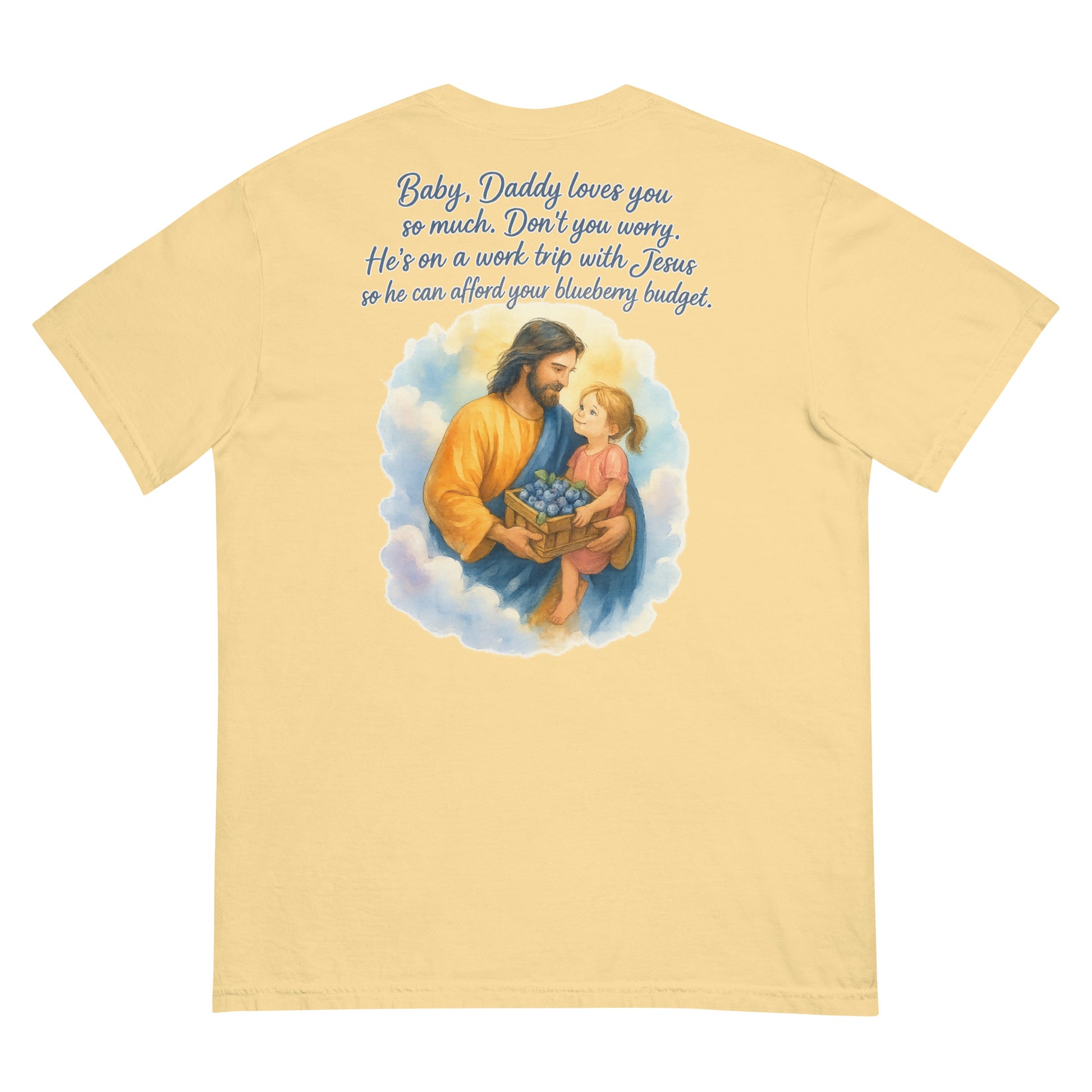 Yellow Comfort Colors tee with watercolor Jesus holding a girl and blueberries, plus inspirational quote.